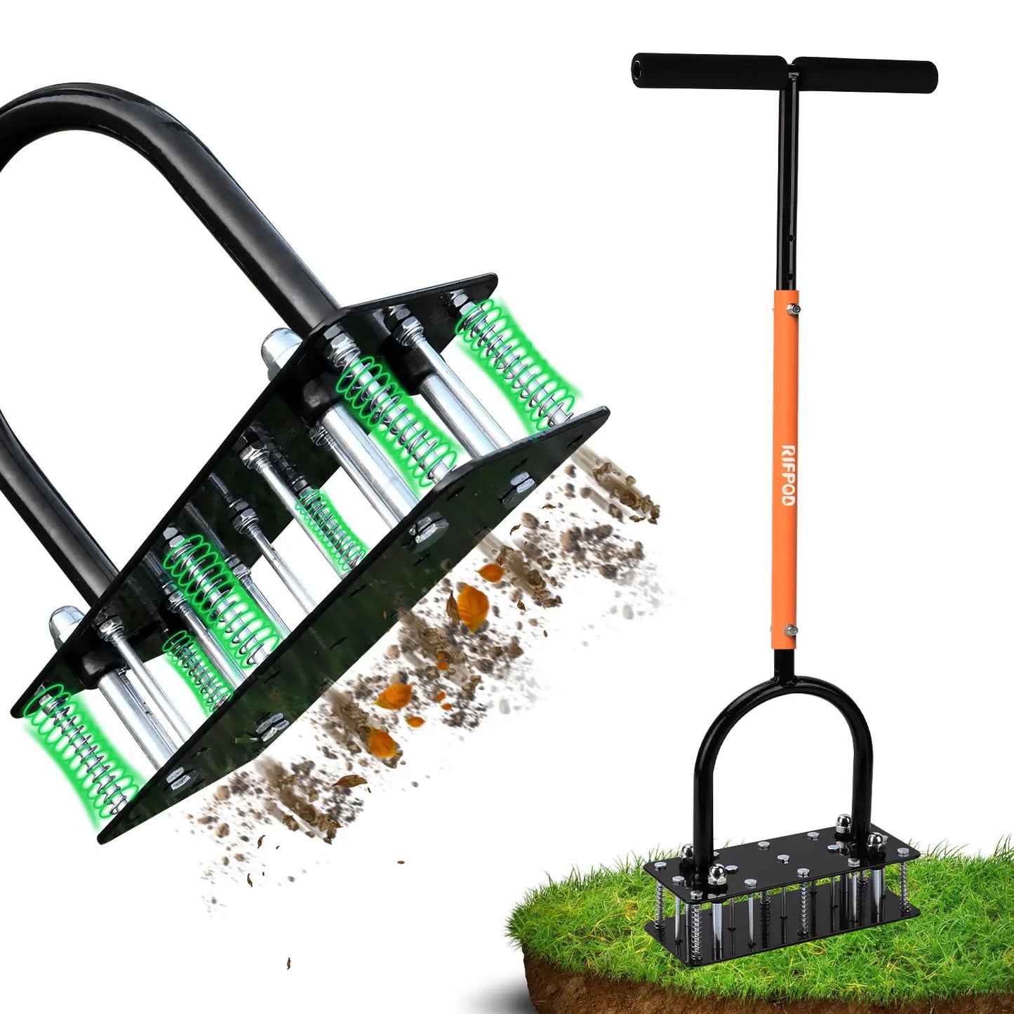 【Dealsforyoudays】Rifpod Lawn Aerator - Aerator Lawn Tool, Automatic Dirt and Leaf Clean Design, Heavy Duty Manual Lawn Aerator Tool with 15 Iron Spikes, Height Adjustable, Yard Grass Aerator for Lawn (Black)