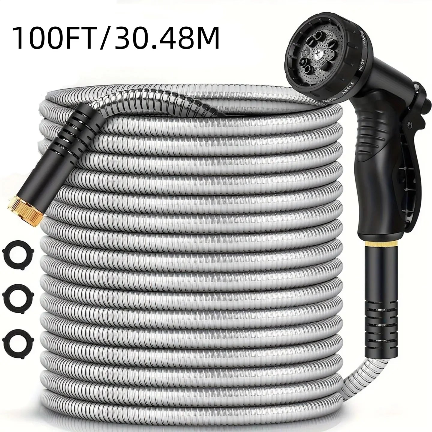 304 Garden Hose Metal 50FT/100FT Stainless Steel Heavy Duty Water Hose with 10 Function Nozzle, No-Kink, Tough & Flexible, Rust Proof for Yard, Outdoor, RV
