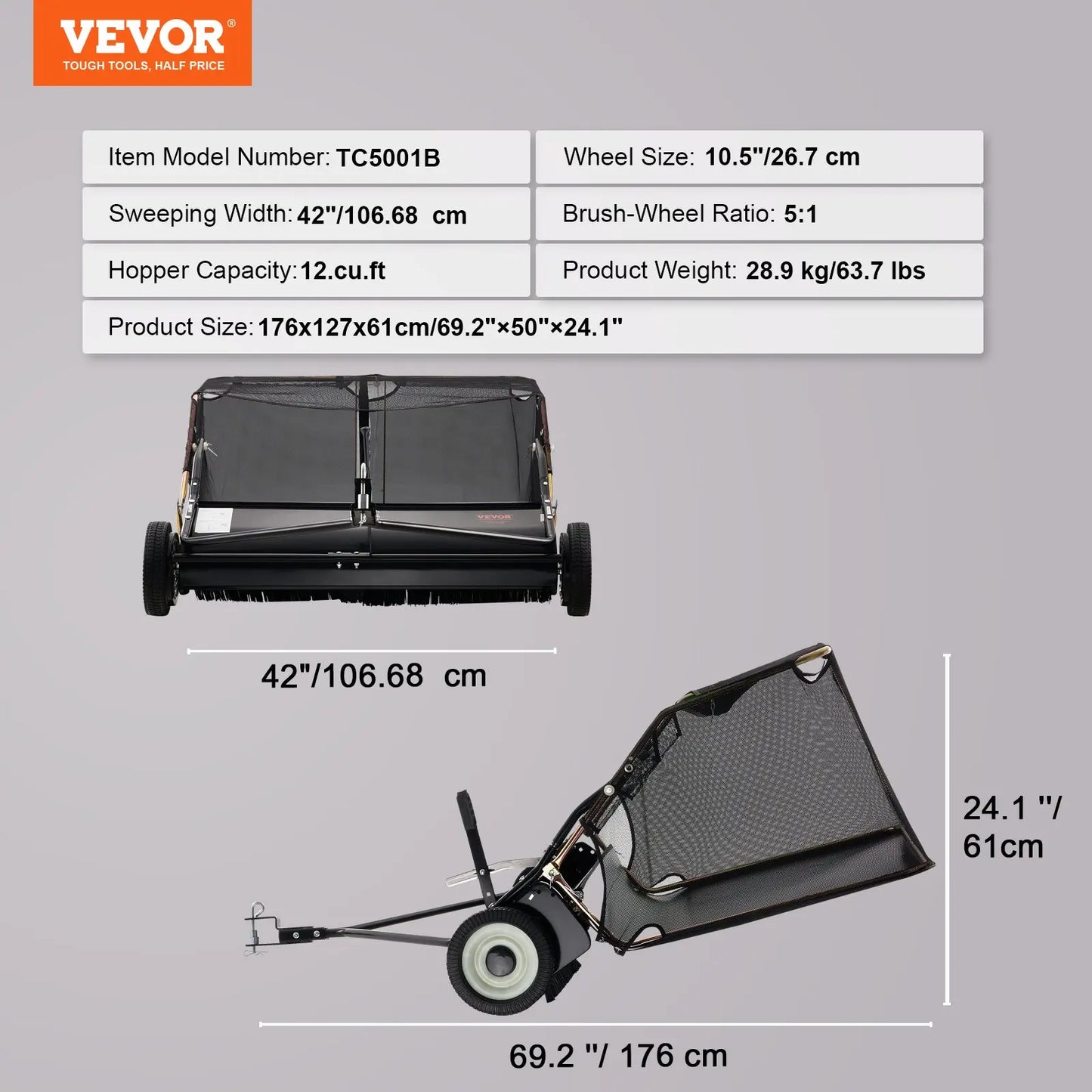 【Dealsforyoudays】Vevor Push Lawn Sweeper 26 Inch Leaf & Grass Collectorstrong Rubber Wheels & Heavy Duty Thickened Steel Durable to Use with Large Capacity 7 Ft³ Mesh Collection Bag4 Spinning Brushes