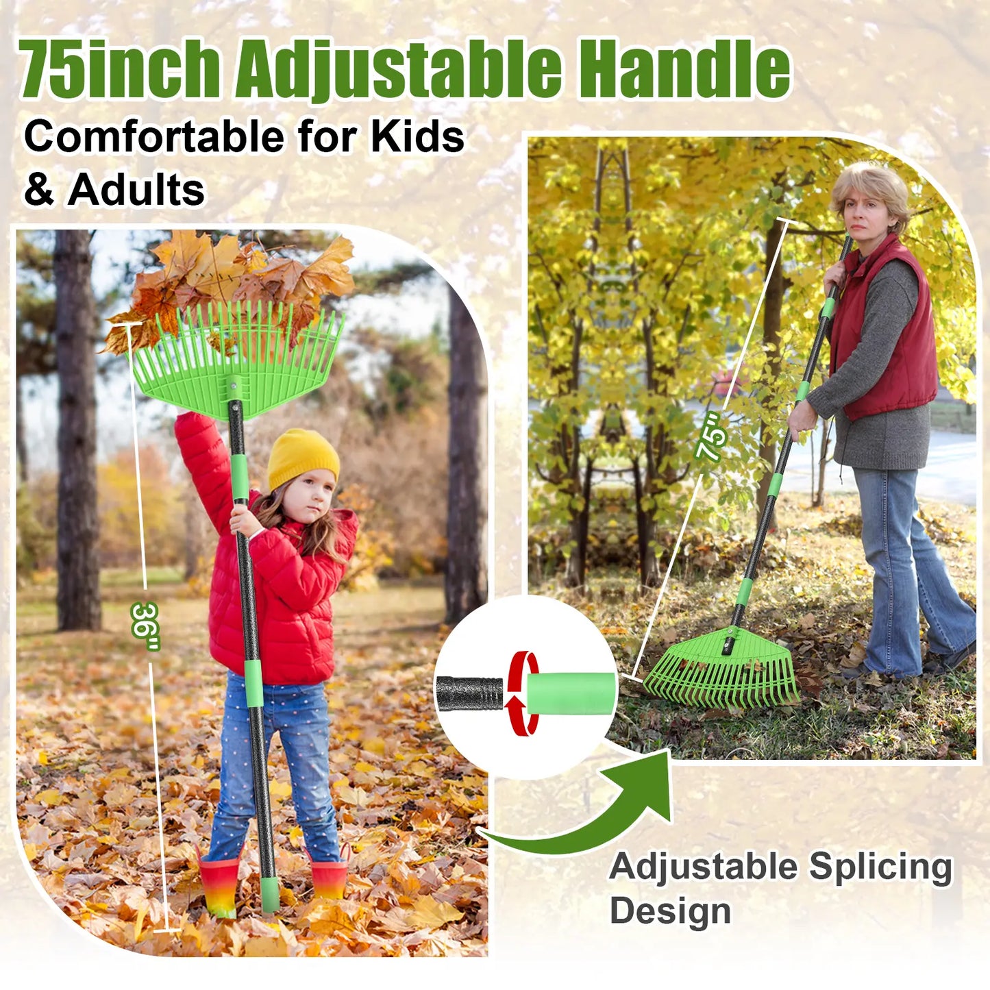 Adjustable 65'' Lightweight Plastic Leaf Rake - Ideal for Leaves, Grass, Pine Needles, and Mulch; Gentle on Lawn and Garden - User-Friendly for Women, Seniors, and Children