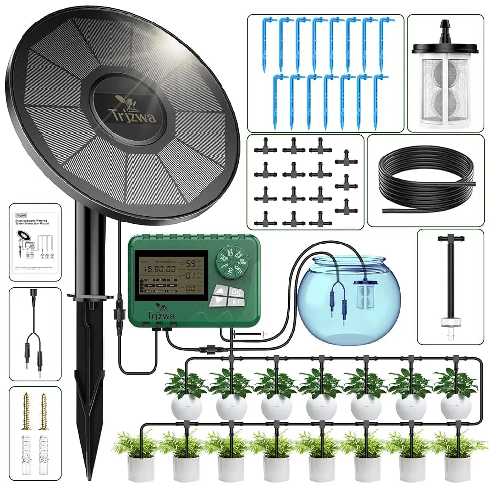 Solar-Powered Automatic Drip Irrigation Kit with Timer, 12 Modes, Water Level Alarm, 15 Plants, 15M Tube & Drippers, for Indoor Outdoor Garden, Balcony, Greenhouse & Potted Plants