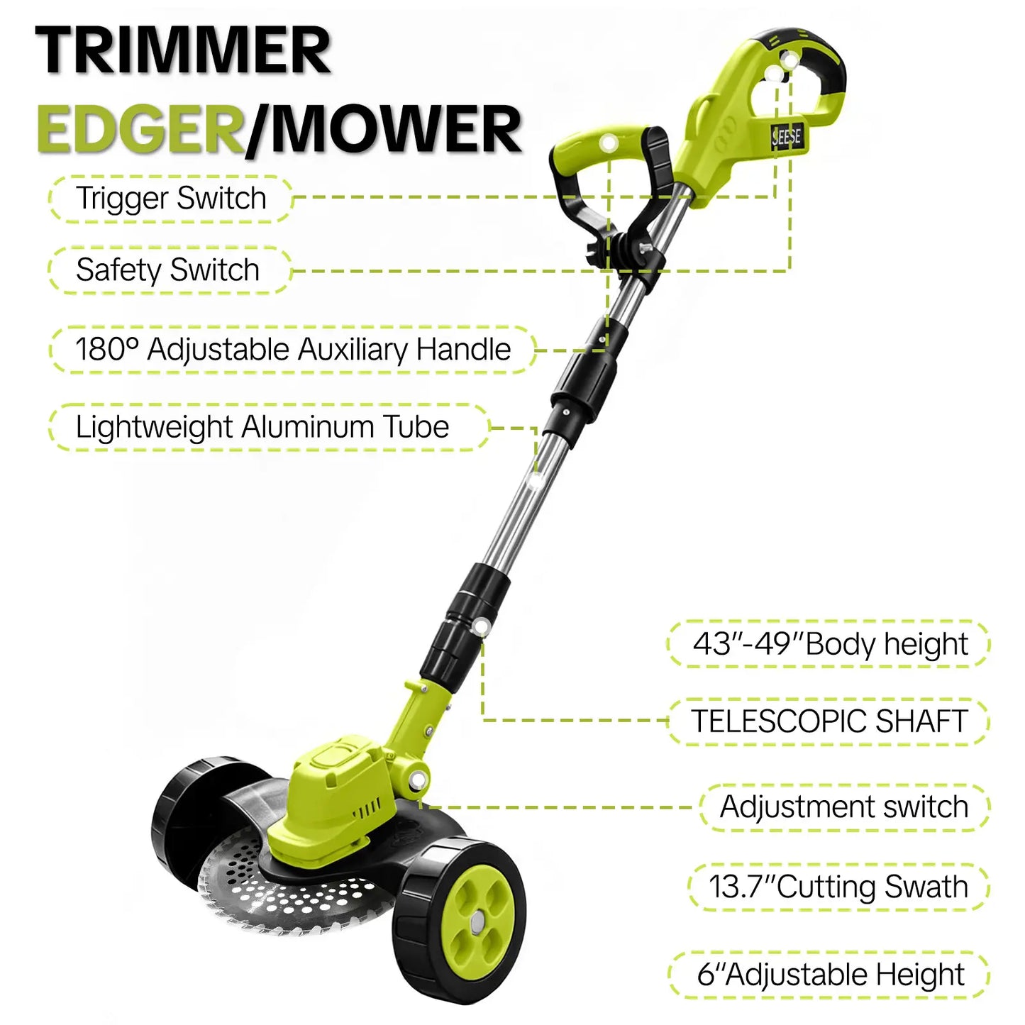 【Dealsforyoudays】Seese Cordless Lawn Mower, Garden Tool (Mower, Trimmer, Edger) with 2×21V Batteries, Lightweight for Small to Medium Backyards Grass Cutting Tool Grasscutters