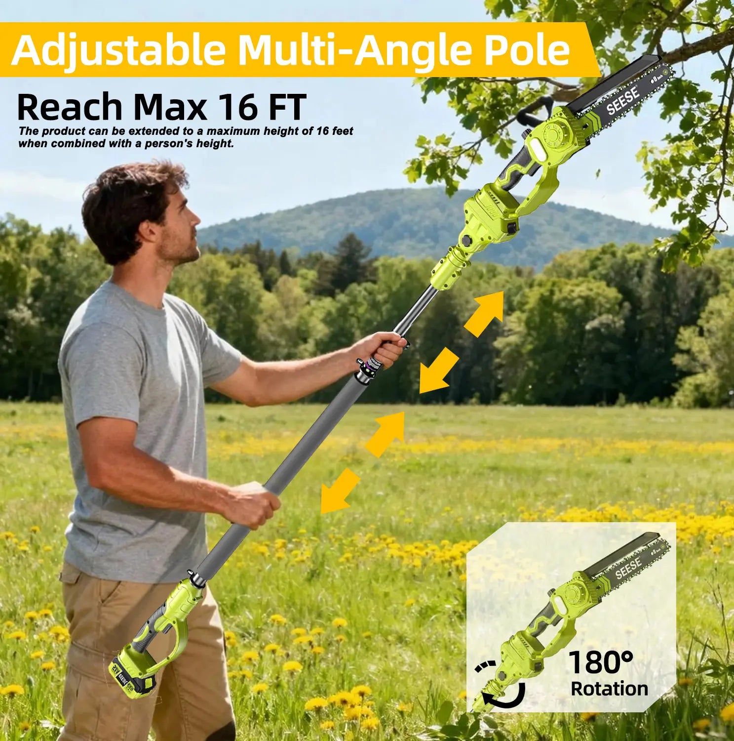 【Dealsforyoudays】Seese 2 in 1 Mini Chainsaw with 2 X 21V Batteries, 8" Brushless Electric Pruner, Telescopic Pruning Saw, Working Height up to 15Ft, 180° Angled Head, Shoulder Strap