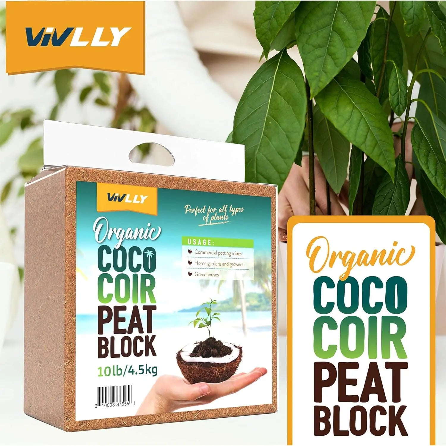 10Lb Coconut Coir Brick Organic Potting Soil Substrate Expands in Water Ph-Adjusted for Indoor Plants Premium Garden Supplies Eco-Friendly