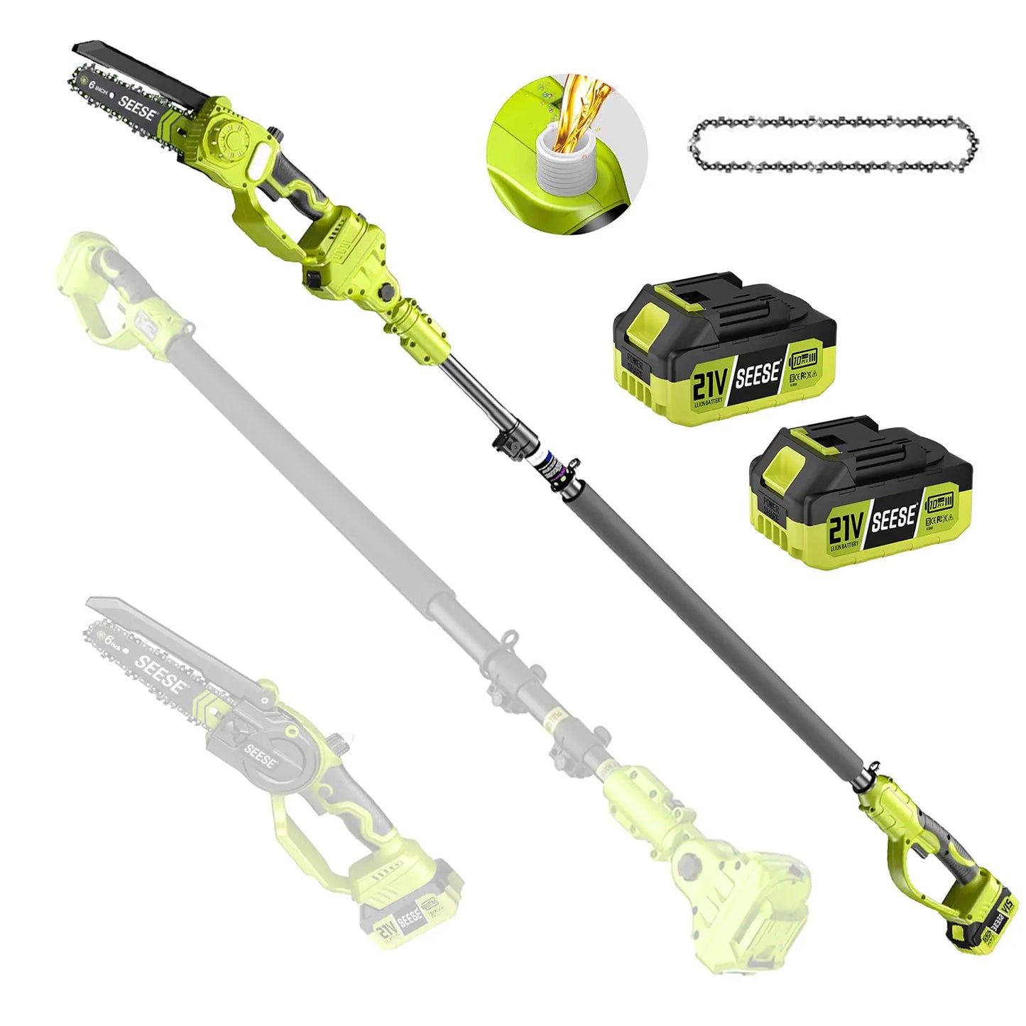 【Dealsforyoudays】Seese 2 in 1 Mini Chainsaw with 2 X 21V Batteries, 8" Brushless Electric Pruner, Telescopic Pruning Saw, Working Height up to 15Ft, 180° Angled Head, Shoulder Strap