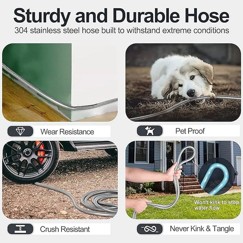 304 Garden Hose Metal 50FT/100FT Stainless Steel Heavy Duty Water Hose with 10 Function Nozzle, No-Kink, Tough & Flexible, Rust Proof for Yard, Outdoor, RV