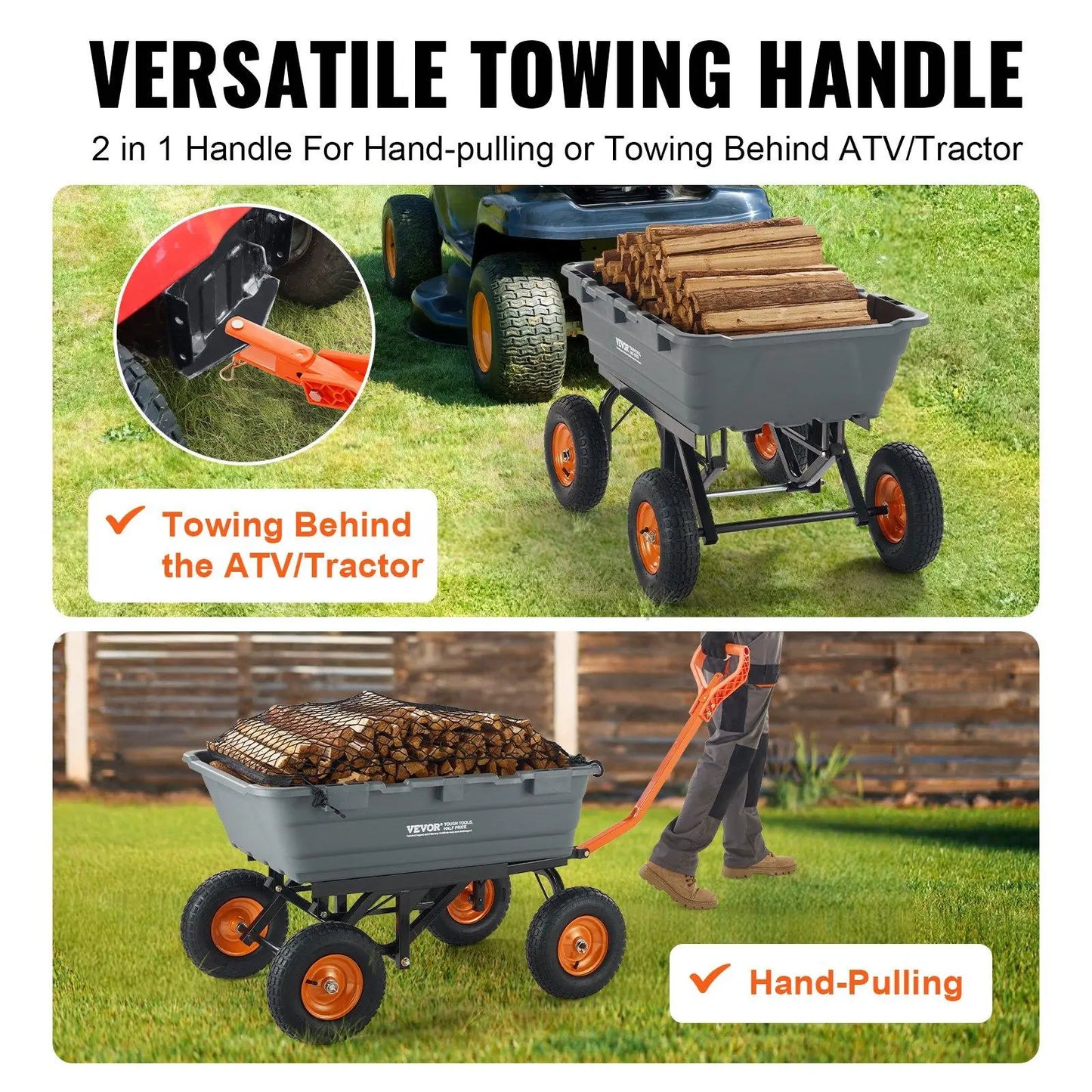 【Fathersdaygift】Vevor Poly Garden Dump Cart with Easy to Assemble Steel Frame, 2-In-1 Convertible Handle, 13 Inch Tires, Max Capacity 1500 Lbs, Utility Wheelbarrow Productivity Yard