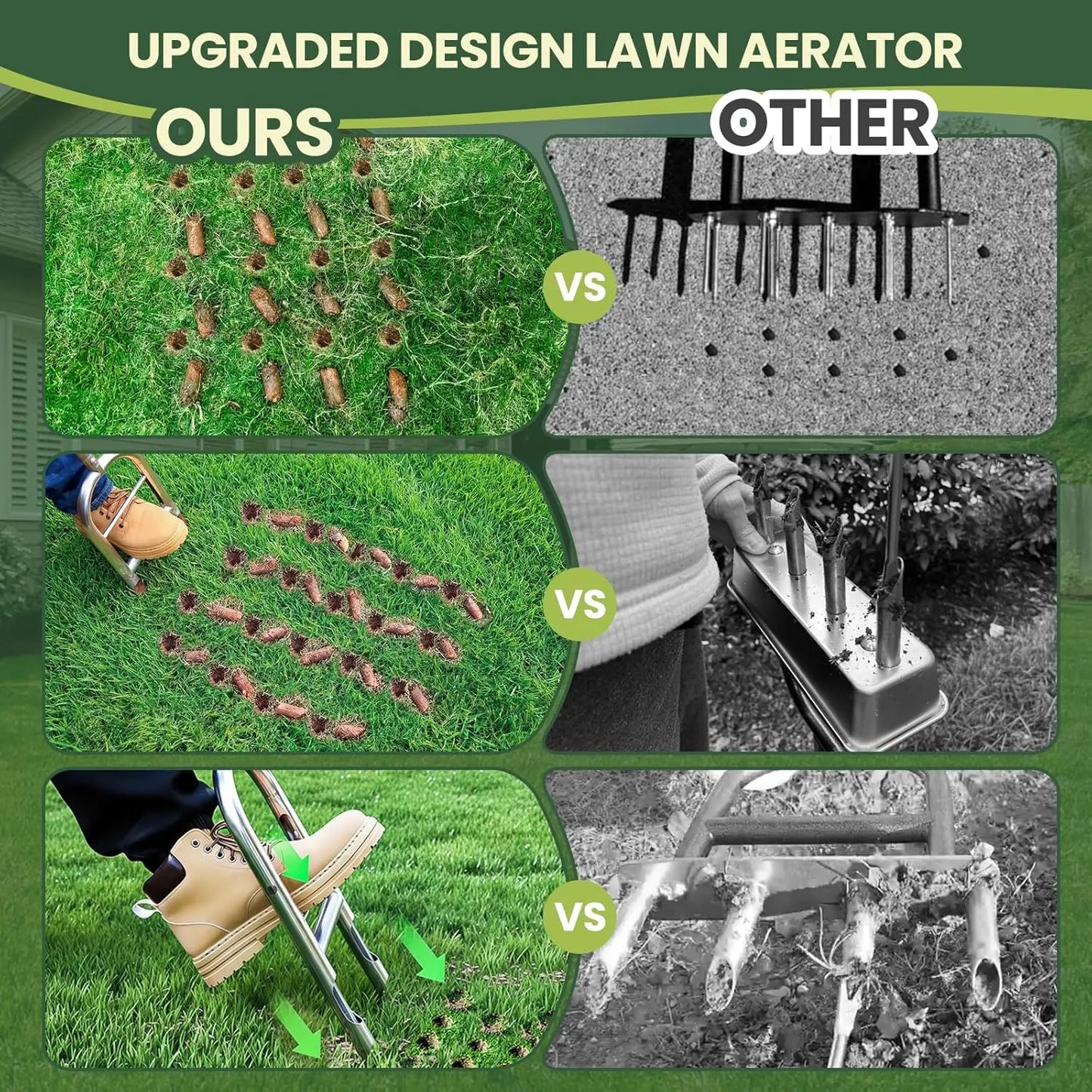 EKIORI Manual Lawn Aerator with Patented Step-To-Eject System - Heavy-Duty Steel Core Aerator Tool for Clog-Free Soil Plugging, Easy DIY Yard Care for Greener Grass