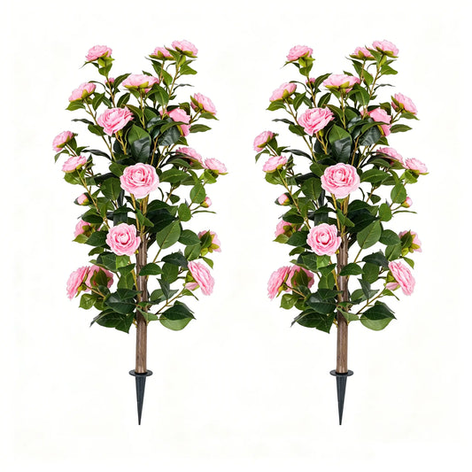 35" Realistic Artificial Camellia Tree, 2 Pcs No Fading Fake Flower Shrub, Weather Resistant Artificial Plants for Bedroom Patio Wedding Home Decoration, Best Housewarming Present