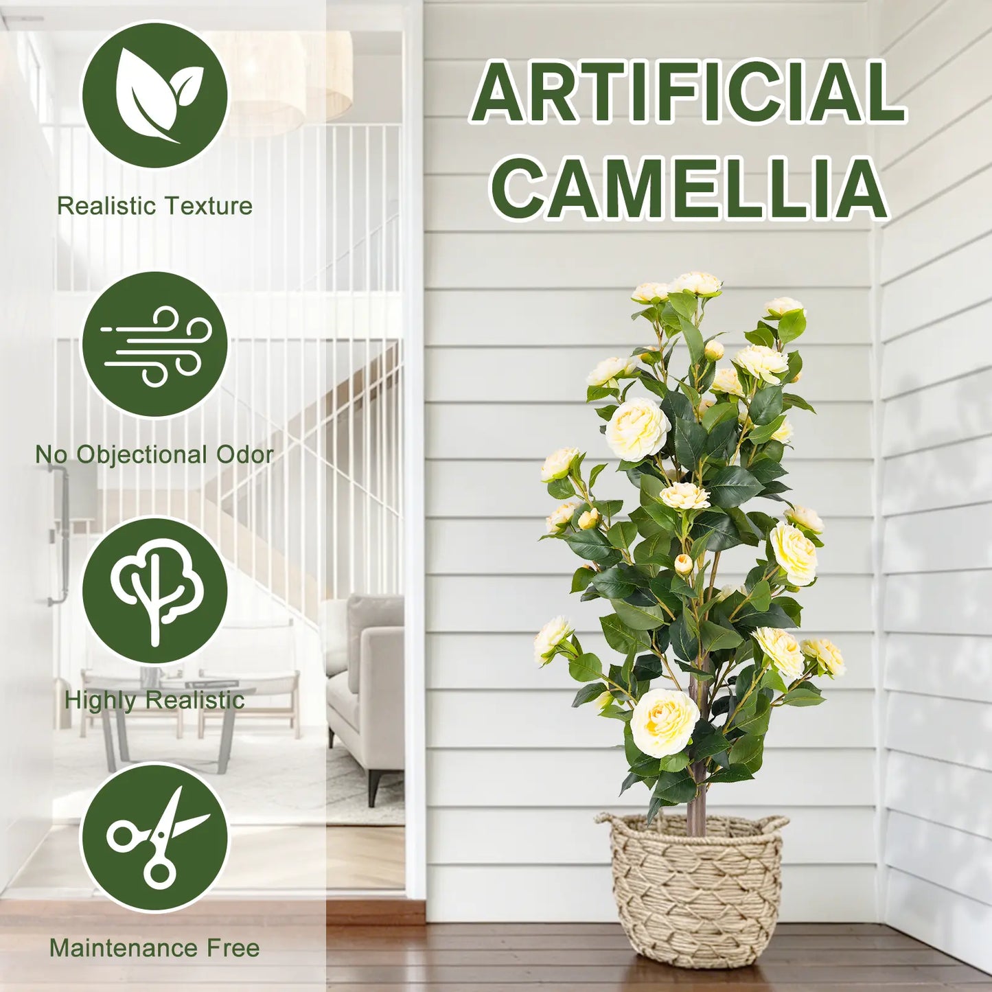 35" Realistic Artificial Camellia Tree, 2 Pcs No Fading Fake Flower Shrub, Weather Resistant Artificial Plants for Bedroom Patio Wedding Home Decoration, Best Housewarming Present