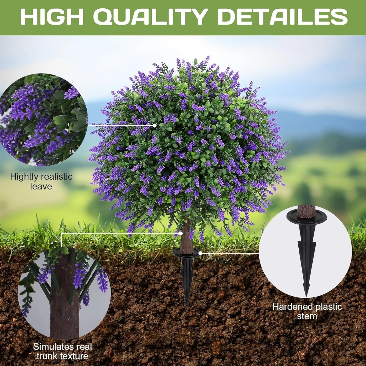 Artificial Boxwood Topiary Balls with Lavender – 24" Set of 2 Faux Shrub Bushes UV Resistant Faux Outdoor Plants for Indoor Porch Front Door, Evergreen Trees Faux Plant with Ground Spike, Mother'S Day Gifts Summerwins