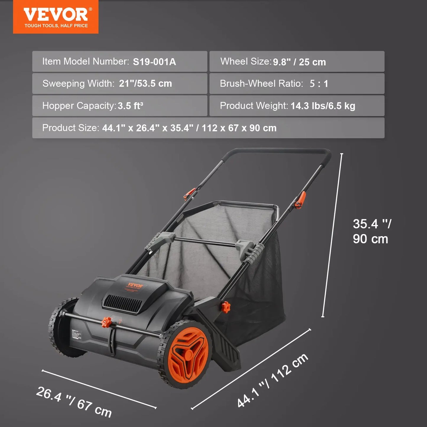 【Dealsforyoudays】Vevor Push Lawn Sweeper 26 Inch Leaf & Grass Collectorstrong Rubber Wheels & Heavy Duty Thickened Steel Durable to Use with Large Capacity 7 Ft³ Mesh Collection Bag4 Spinning Brushes
