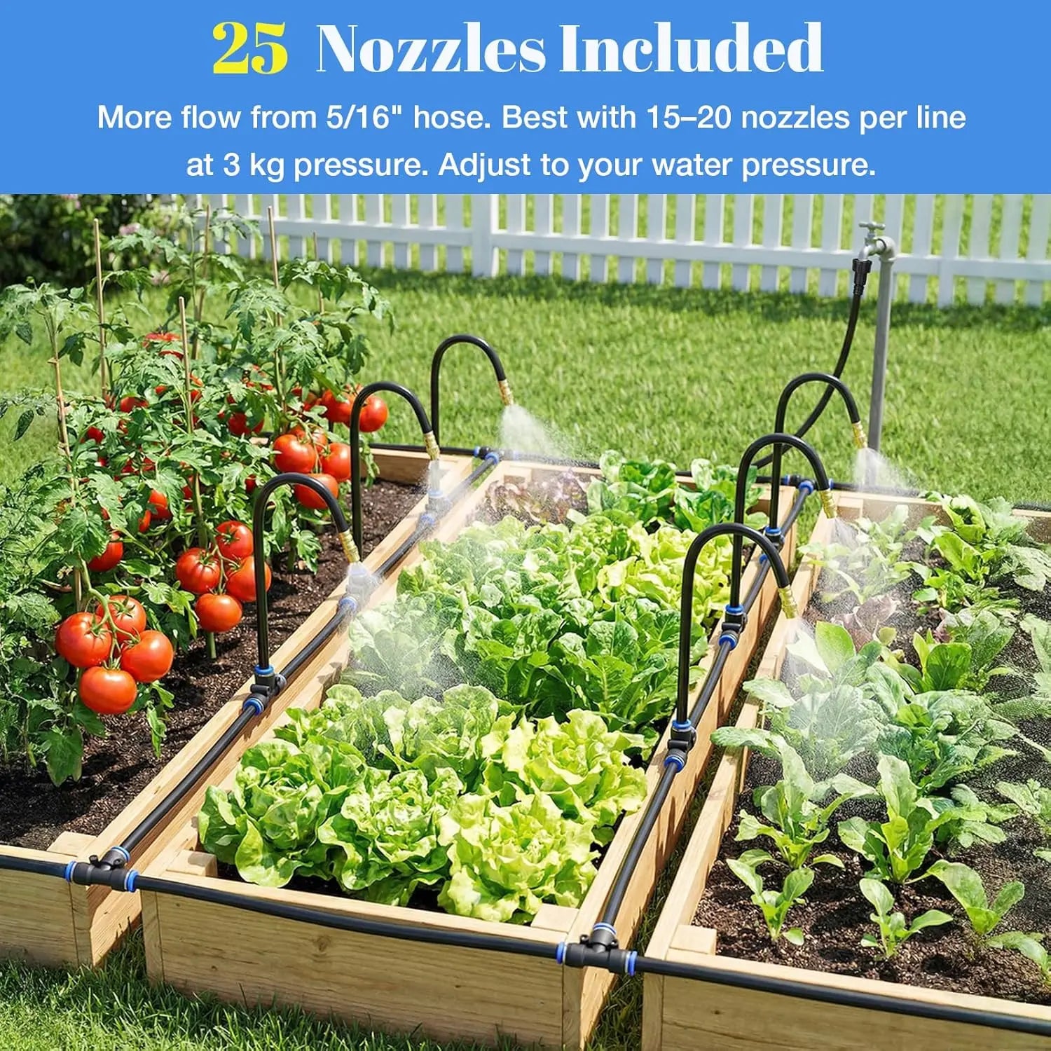 Drip Irrigation System 100FT 5/16", Upgrade Garden Sprinkler Kit with 25PCS 360° Adjustable Copper Nozzles, Automatic Misting Watering System for Raised Beds, Greenhouse, Lawn, Patio, Yard & Potted Plants