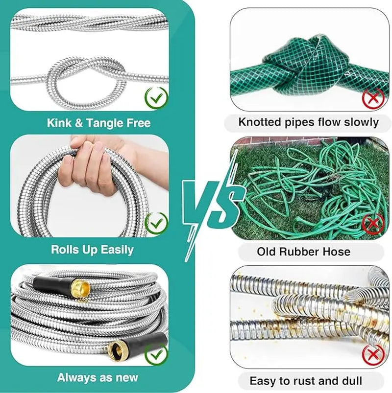 304 Garden Hose Metal 50FT/100FT Stainless Steel Heavy Duty Water Hose with 10 Function Nozzle, No-Kink, Tough & Flexible, Rust Proof for Yard, Outdoor, RV