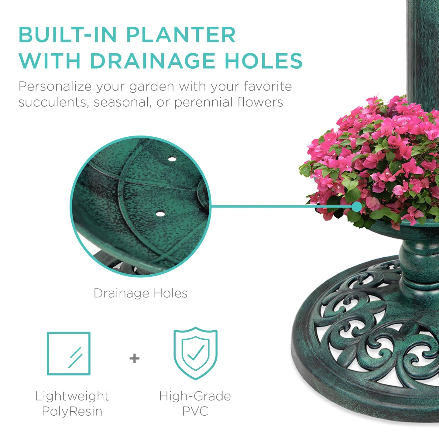 Best Choice Products Solar Lighted Pedestal Bird Bath W/ Planter, Integrated Panel
