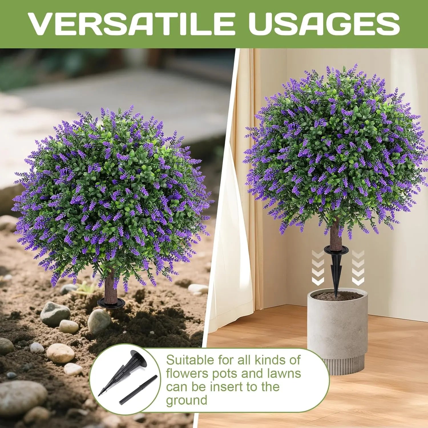 Artificial Boxwood Topiary Balls with Lavender – 24" Set of 2 Faux Shrub Bushes UV Resistant Faux Outdoor Plants for Indoor Porch Front Door, Evergreen Trees Faux Plant with Ground Spike, Mother'S Day Gifts Summerwins