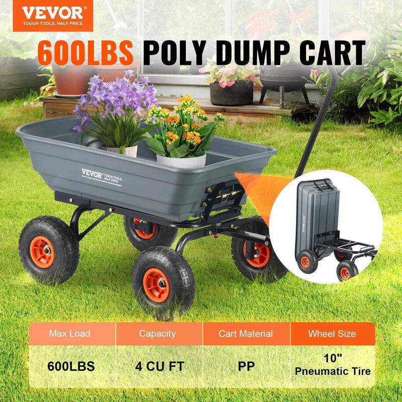 【Fathersdaygift】Vevor Poly Garden Dump Cart with Easy to Assemble Steel Frame, 2-In-1 Convertible Handle, 13 Inch Tires, Max Capacity 1500 Lbs, Utility Wheelbarrow Productivity Yard