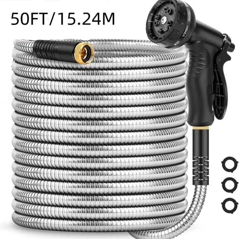 304 Garden Hose Metal 50FT/100FT Stainless Steel Heavy Duty Water Hose with 10 Function Nozzle, No-Kink, Tough & Flexible, Rust Proof for Yard, Outdoor, RV