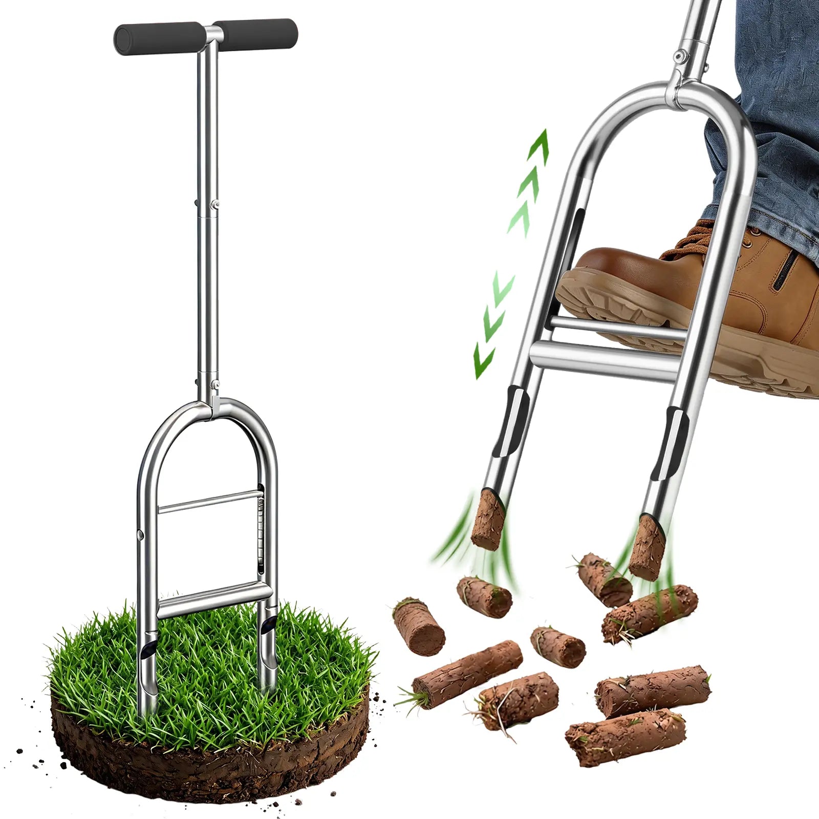 EKIORI Manual Lawn Aerator with Patented Step-To-Eject System - Heavy-Duty Steel Core Aerator Tool for Clog-Free Soil Plugging, Easy DIY Yard Care for Greener Grass