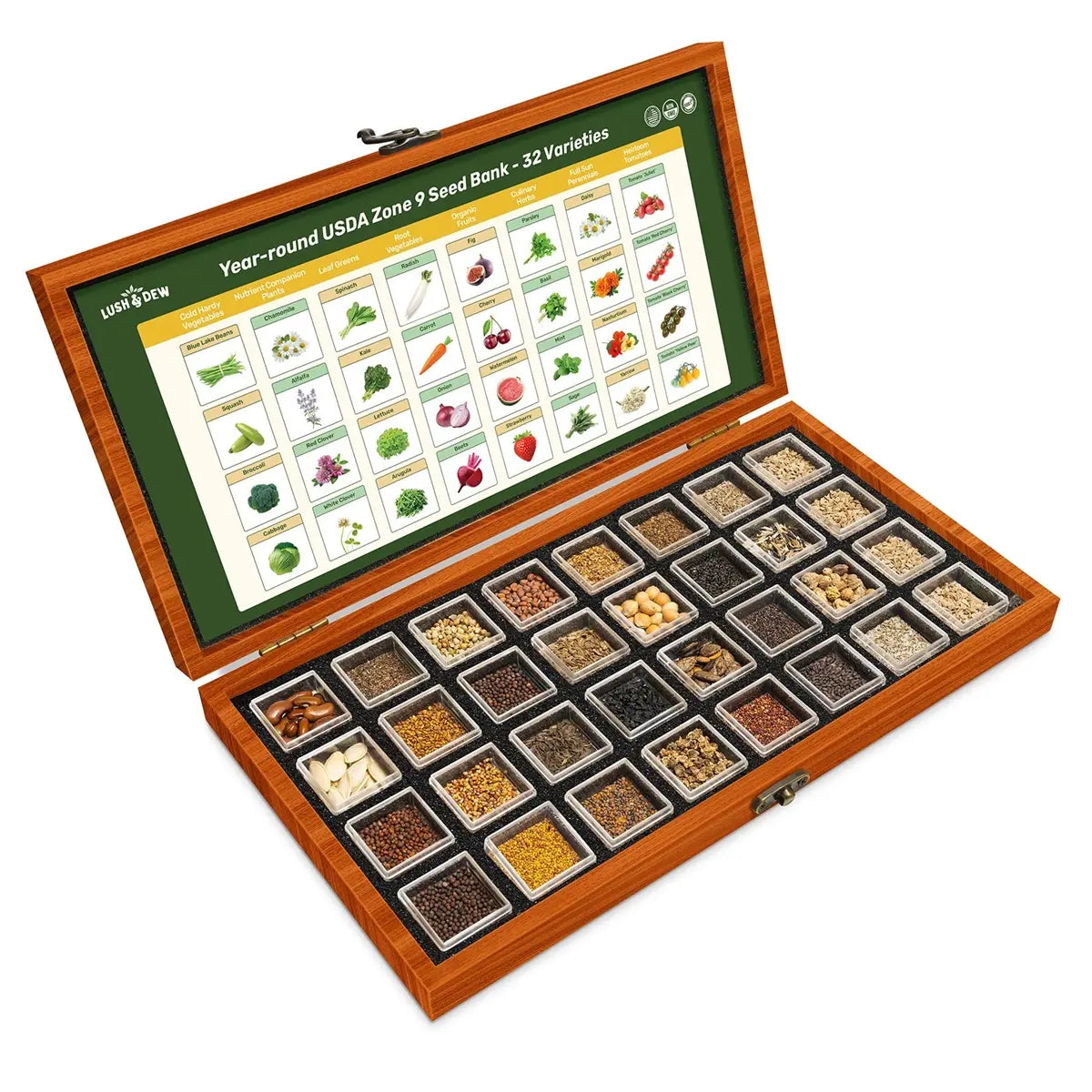 LUSH&DEW Year-Round USDA Zone 7 Seed Bank - 32 Organic Seed Varieties for All Seasons Gardening with Seasonal Synchrony