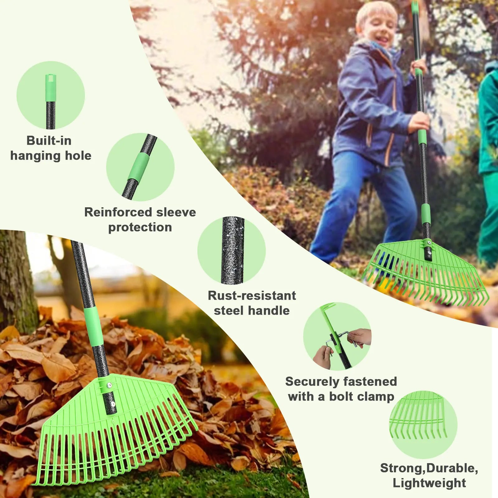 Adjustable 65'' Lightweight Plastic Leaf Rake - Ideal for Leaves, Grass, Pine Needles, and Mulch; Gentle on Lawn and Garden - User-Friendly for Women, Seniors, and Children