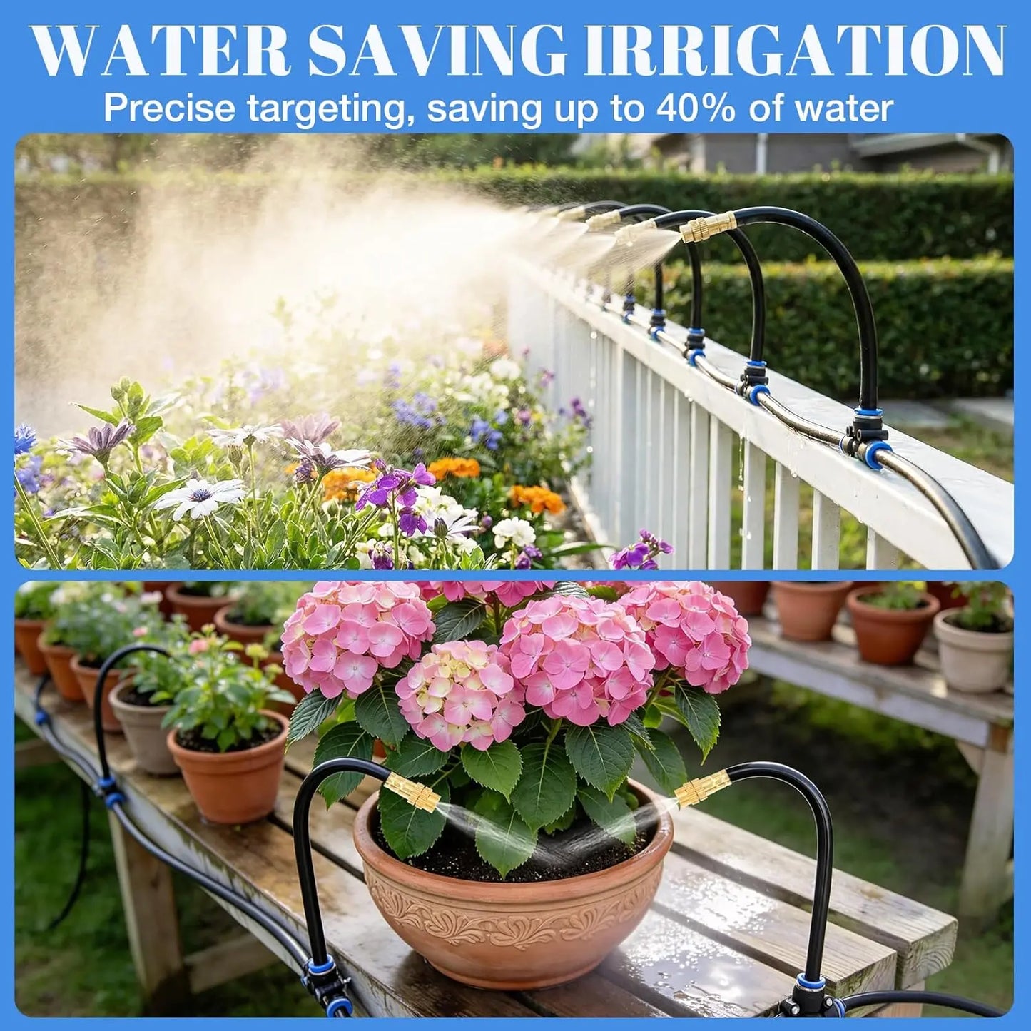 Drip Irrigation System 100FT 5/16", Upgrade Garden Sprinkler Kit with 25PCS 360° Adjustable Copper Nozzles, Automatic Misting Watering System for Raised Beds, Greenhouse, Lawn, Patio, Yard & Potted Plants