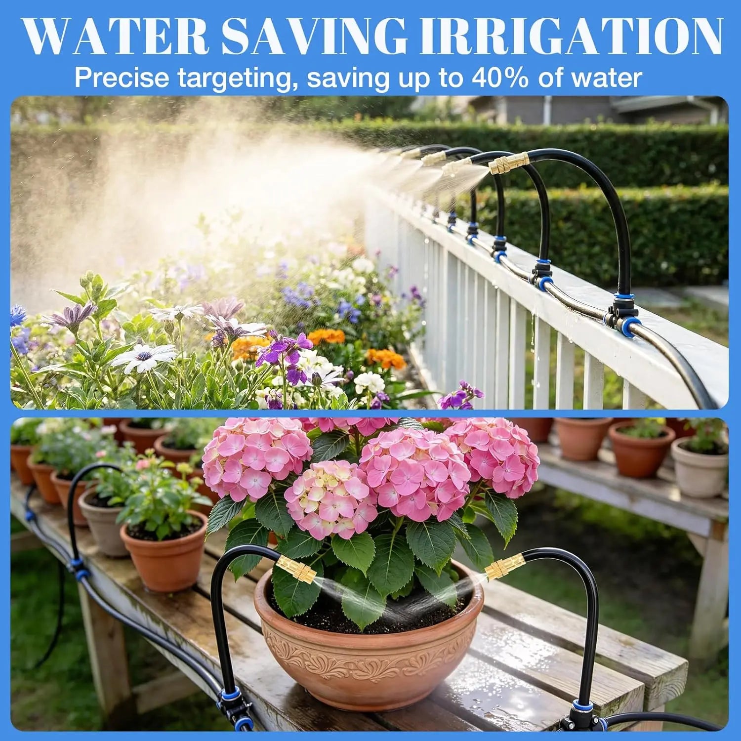 Drip Irrigation System 100FT 5/16", Upgrade Garden Sprinkler Kit with 25PCS 360° Adjustable Copper Nozzles, Automatic Misting Watering System for Raised Beds, Greenhouse, Lawn, Patio, Yard & Potted Plants