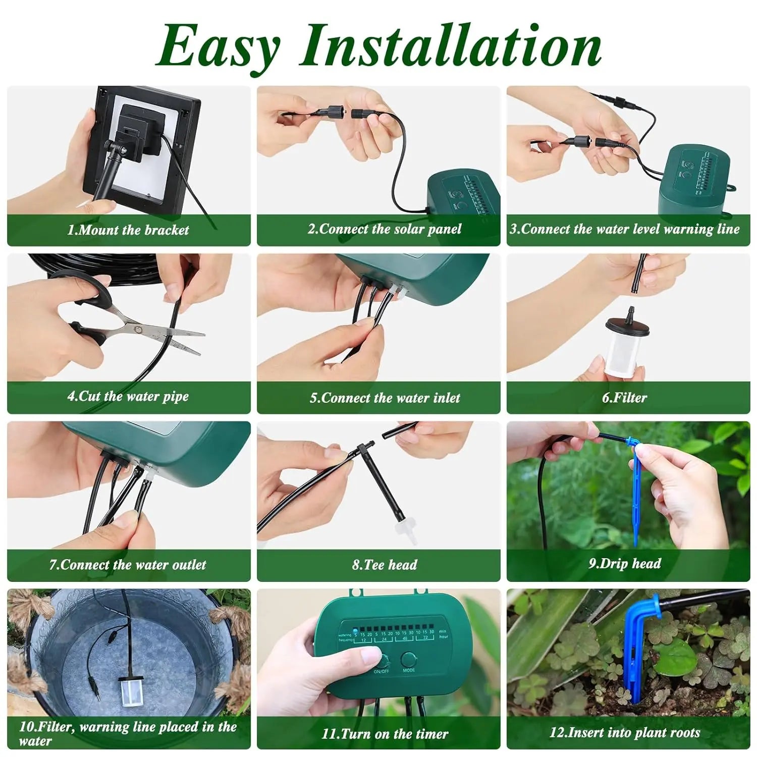 Solar-Powered Automatic Drip Irrigation Kit with Timer, 12 Modes, Water Level Alarm, 15 Plants, 15M Tube & Drippers, for Indoor Outdoor Garden, Balcony, Greenhouse & Potted Plants