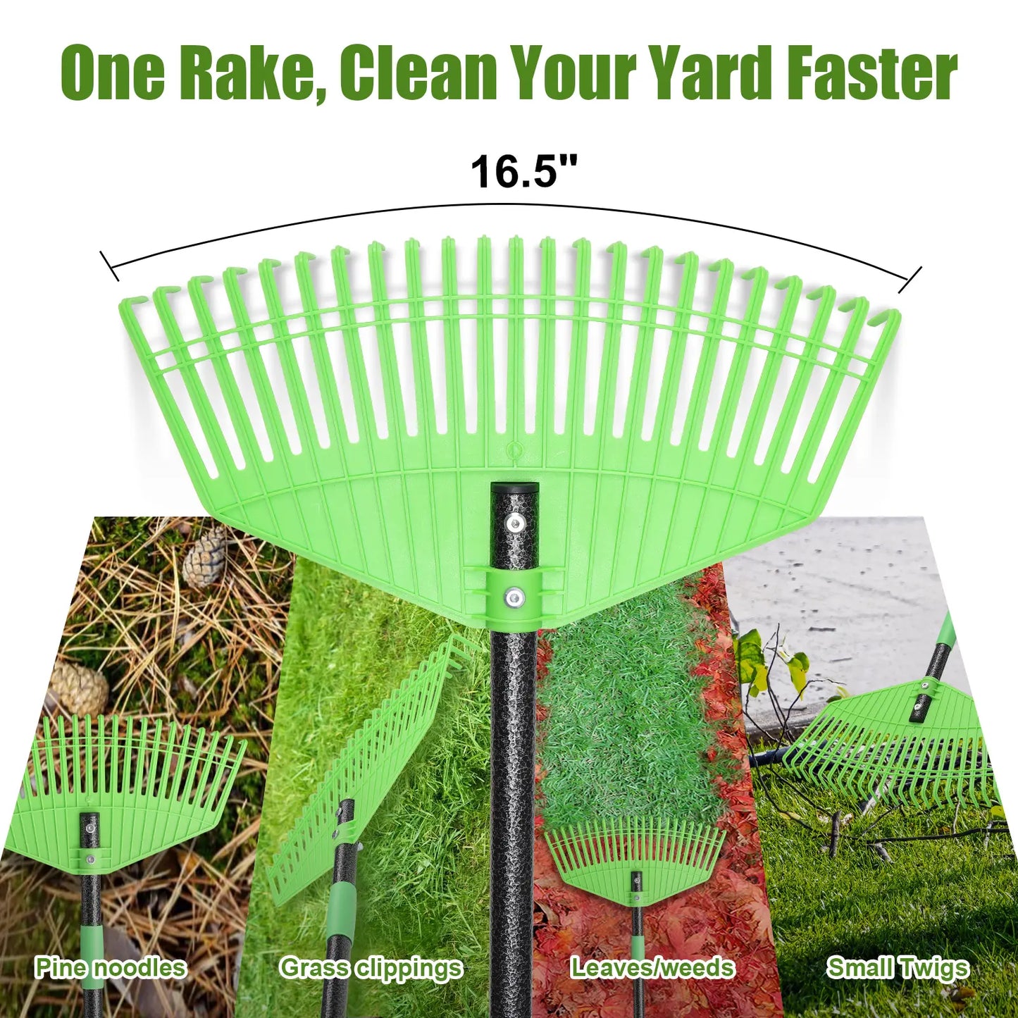 Adjustable 65'' Lightweight Plastic Leaf Rake - Ideal for Leaves, Grass, Pine Needles, and Mulch; Gentle on Lawn and Garden - User-Friendly for Women, Seniors, and Children