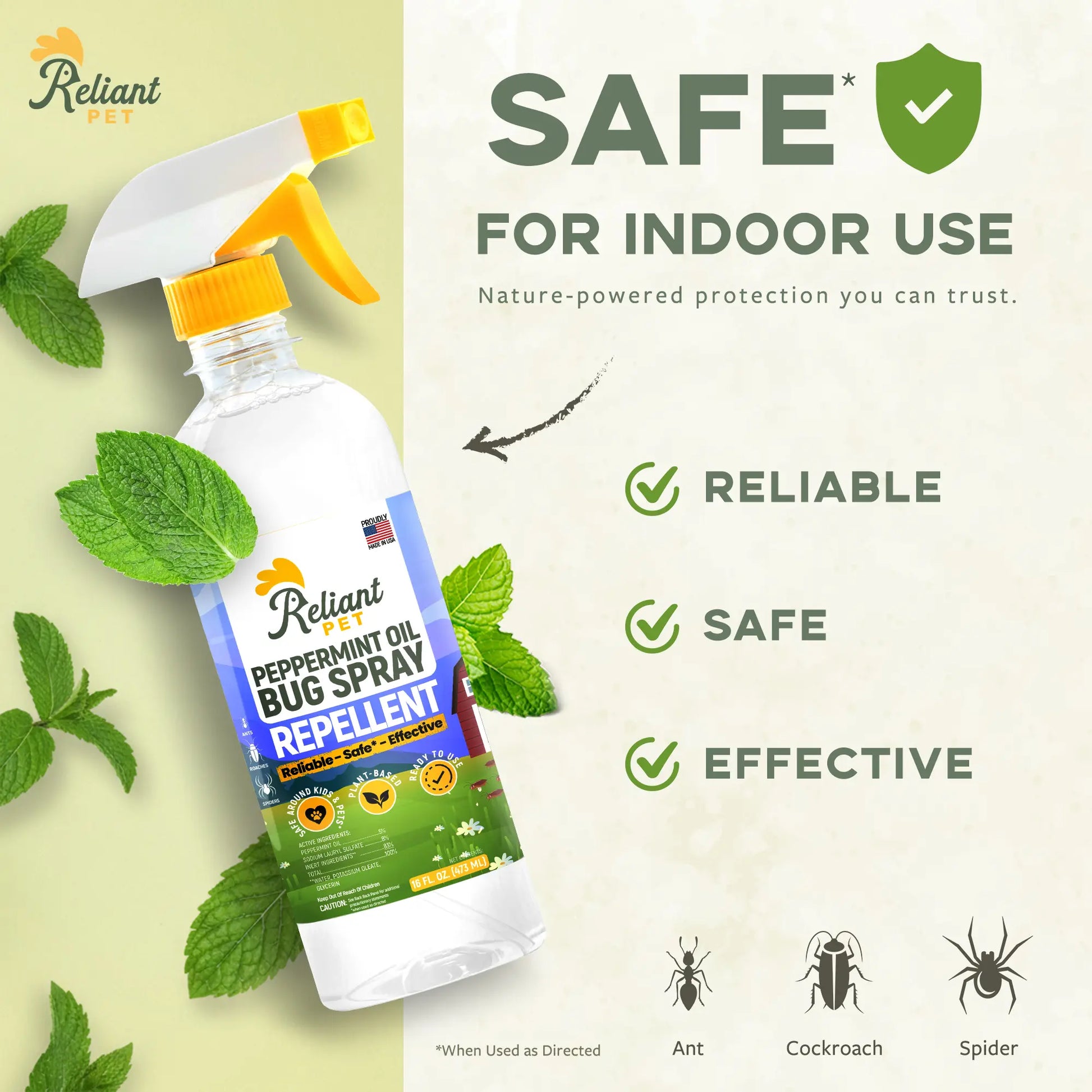 Reliant Pet Peppermint Oil Bug Spray - Deals for You Days - [16Oz and Made in USA ] Ants, Spiders, Roaches - Safe for USE around Kids and Pets - Effective & Usage
