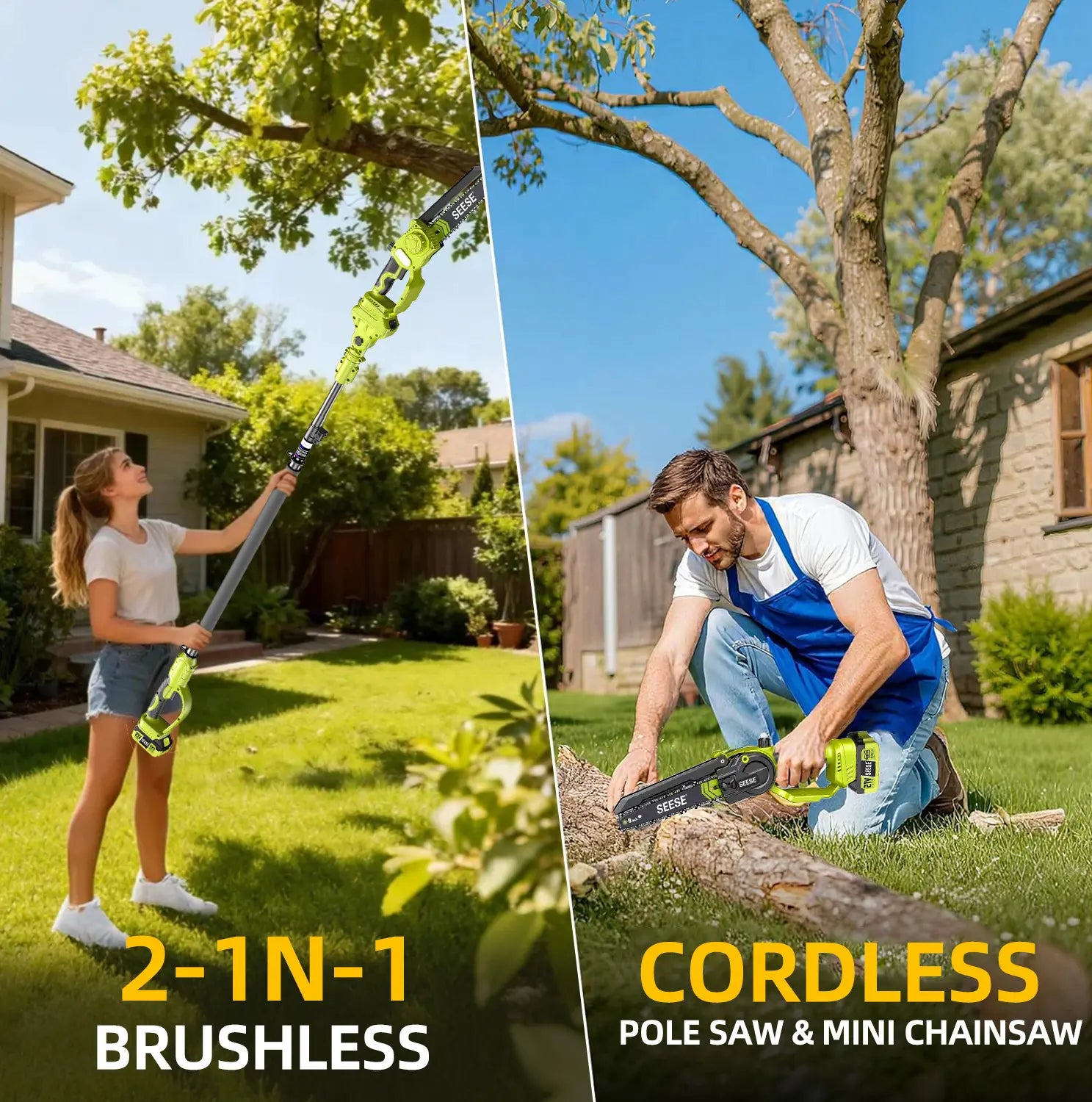 【Dealsforyoudays】Seese 2 in 1 Mini Chainsaw with 2 X 21V Batteries, 8" Brushless Electric Pruner, Telescopic Pruning Saw, Working Height up to 15Ft, 180° Angled Head, Shoulder Strap