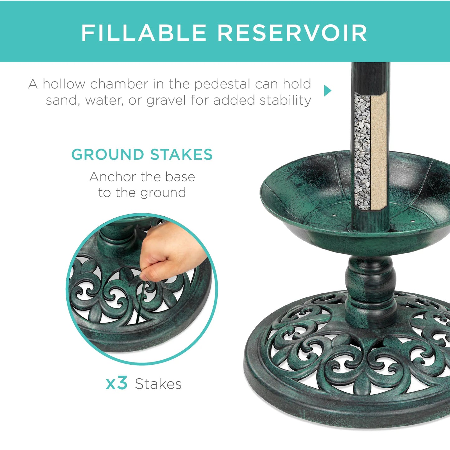 Best Choice Products Solar Lighted Pedestal Bird Bath W/ Planter, Integrated Panel