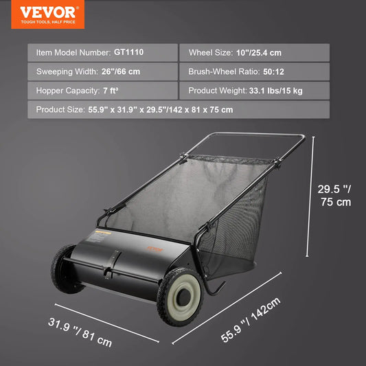 【Dealsforyoudays】Vevor Push Lawn Sweeper 26 Inch Leaf & Grass Collectorstrong Rubber Wheels & Heavy Duty Thickened Steel Durable to Use with Large Capacity 7 Ft³ Mesh Collection Bag4 Spinning Brushes