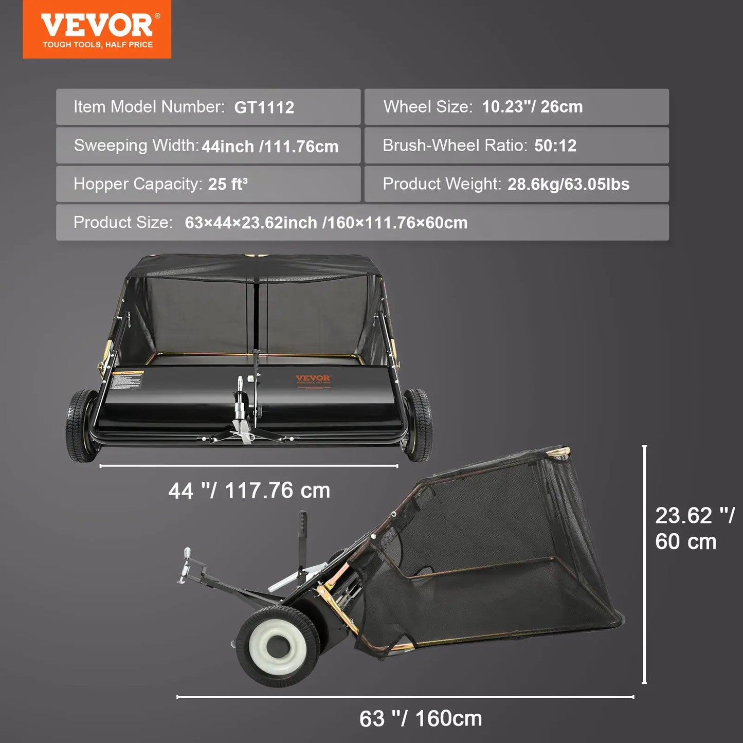 【Dealsforyoudays】Vevor Push Lawn Sweeper 26 Inch Leaf & Grass Collectorstrong Rubber Wheels & Heavy Duty Thickened Steel Durable to Use with Large Capacity 7 Ft³ Mesh Collection Bag4 Spinning Brushes