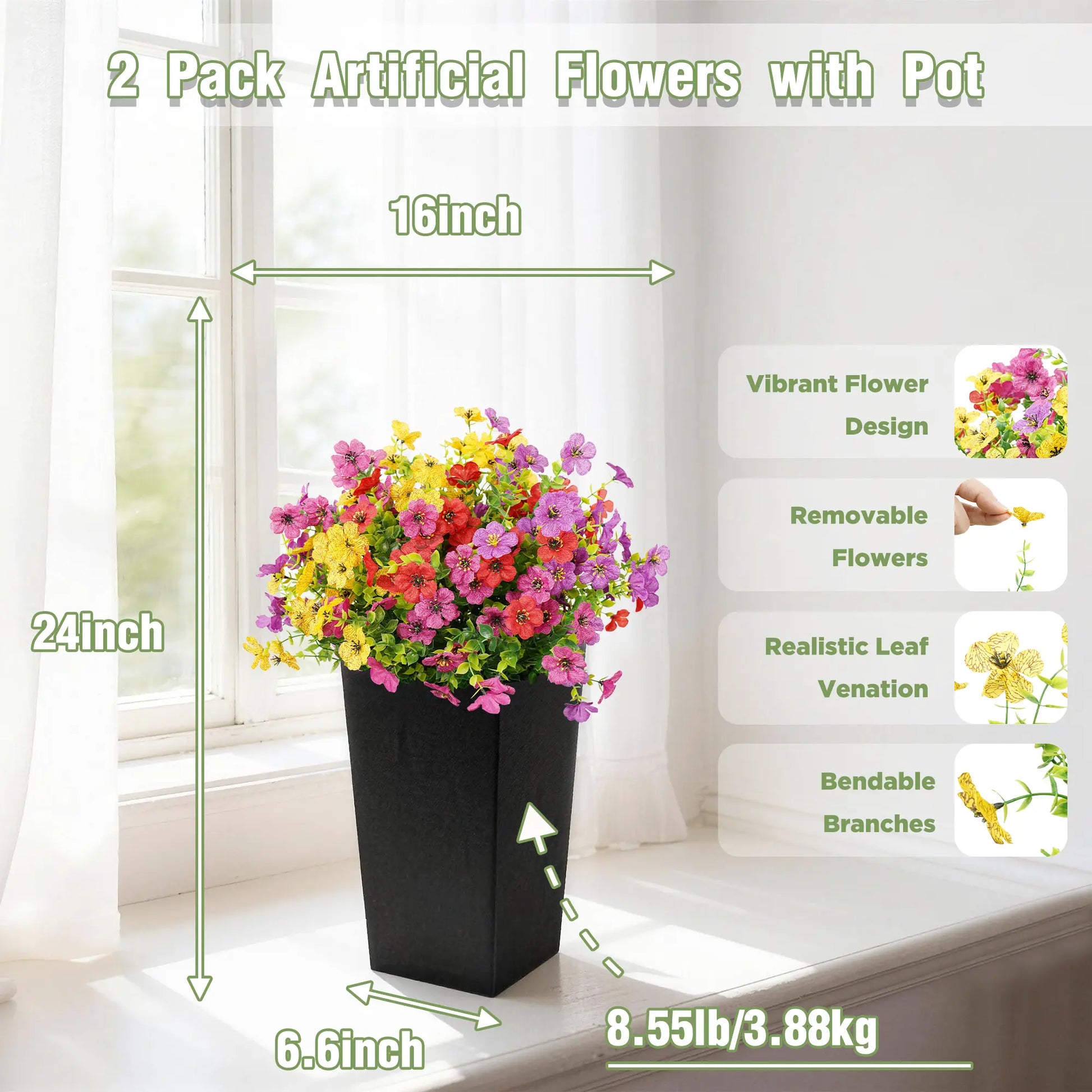 Set of 2 Artificial Flowers Outdoor with 2 Black Planters Total 60Cm, Fake Silk Flowers Durable Faux Plants for Front Porch, Patio, Garden Decoration Home