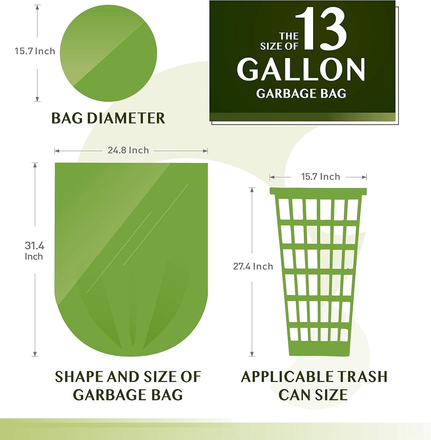Compostable 13-Gallon Tall Kitchen Trash Bags - 80 Count Unscented Waste Liners for Bathroom, Home, Bedroom, and Office (5 Rolls, Green)