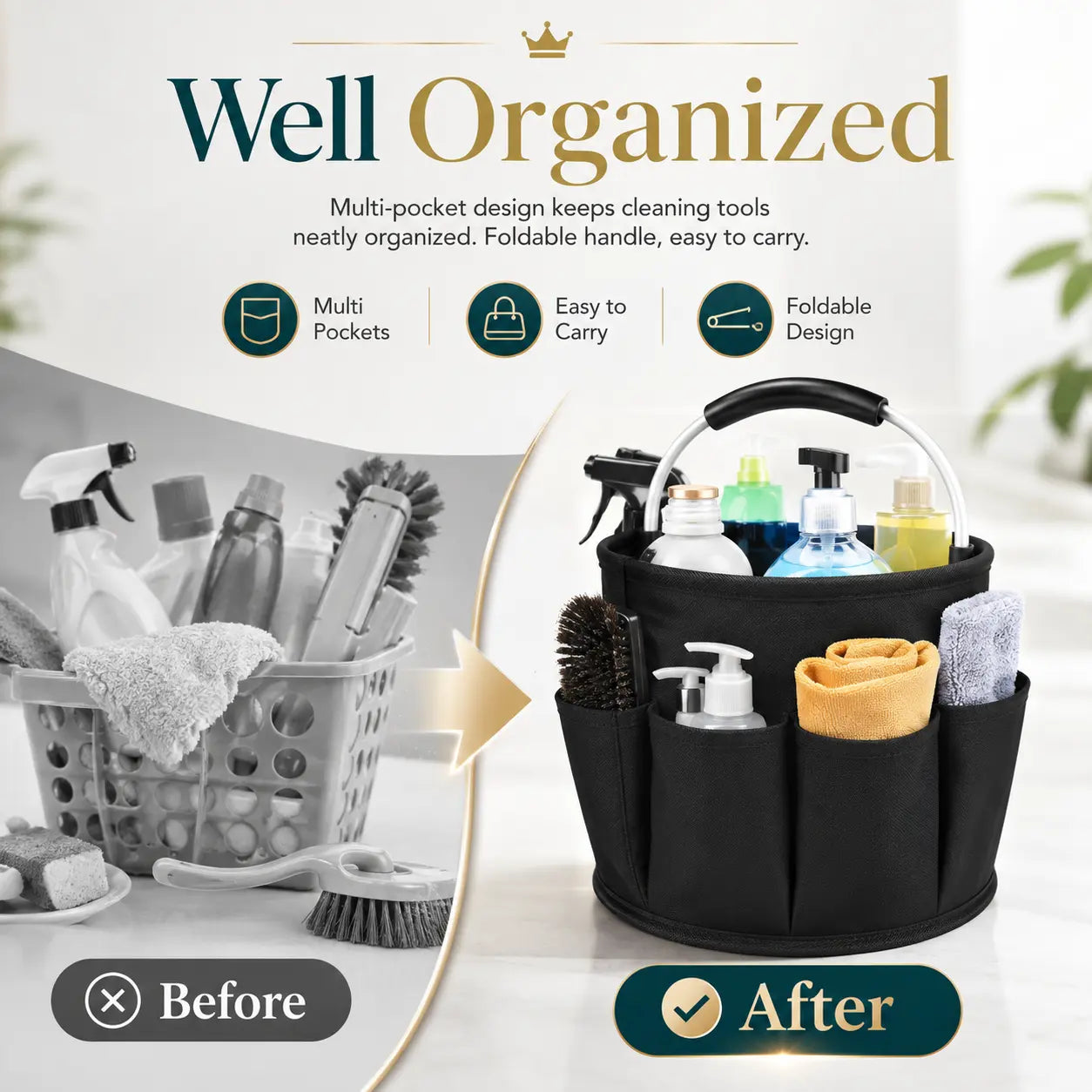 Foldable Garden Tool Bag with 6 Pockets - Foldable Multi-Purpose Storage Bags, Portable Tote with Rounded Handle for Home, Outdoor, Poolside Use, Foldable Storage Bags