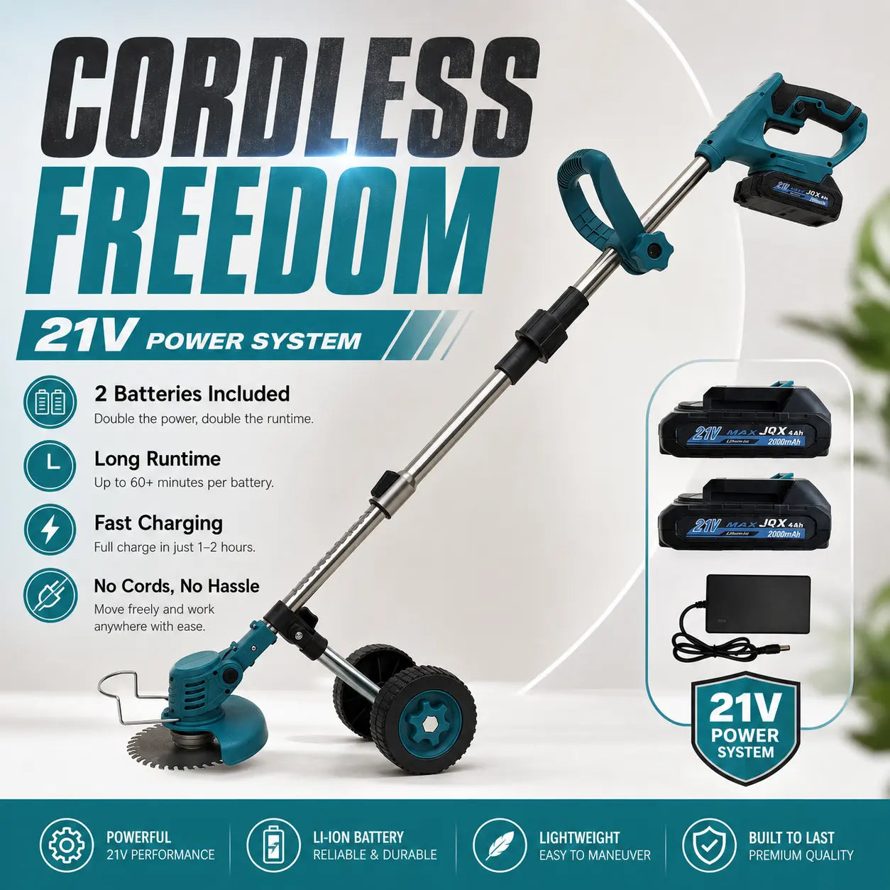 3-In-1 Cordless Weed Wacker, Grass Trimmer, and Lawn Edger Trimmer & Brush Cutter with Wheels, 21V Cordless Weed Wacker with 2 High-Capacity Batteries, Adjustable Lightweight Weed Eater with Multi-Blades, Lawn Care,Women-Friendly