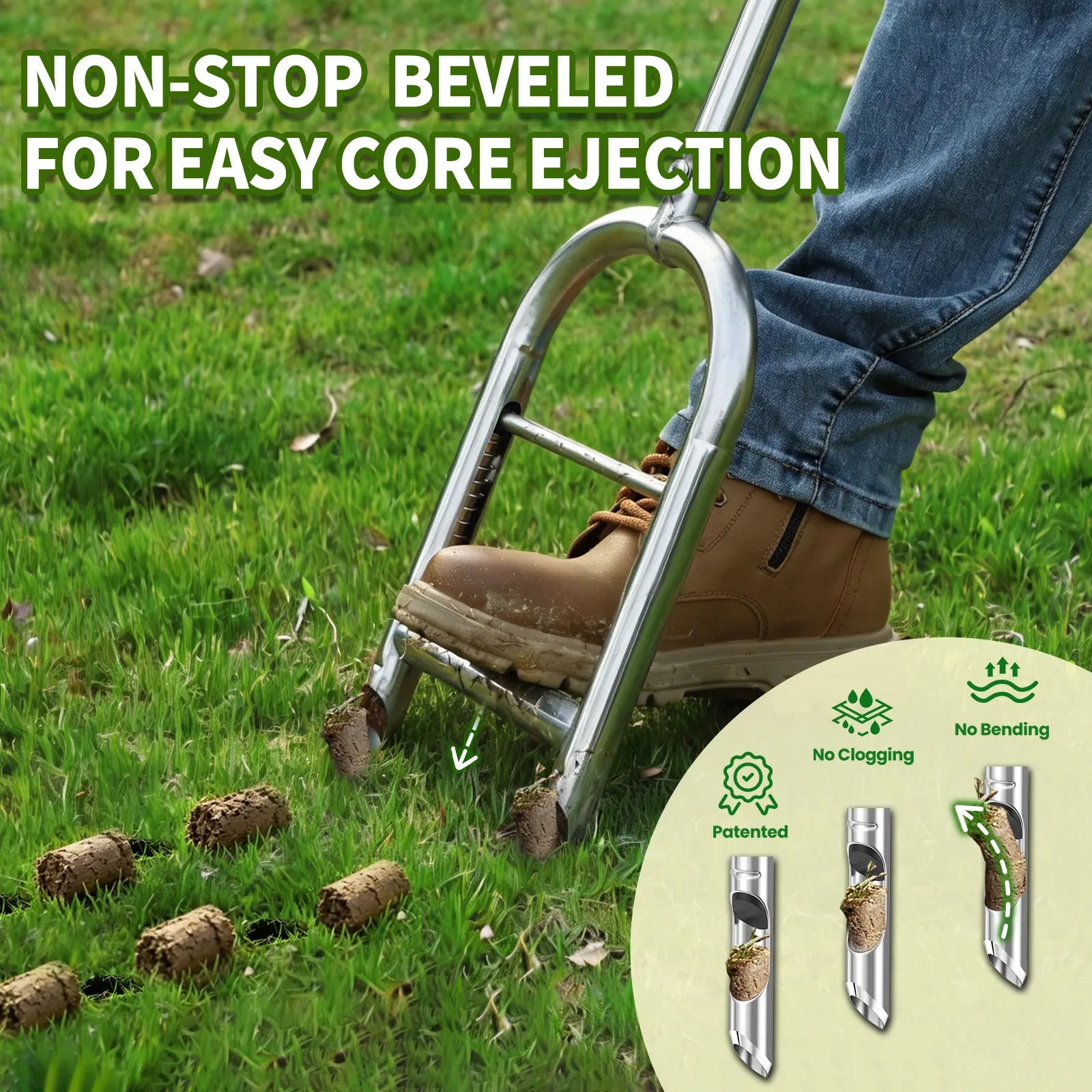 EKIORI Manual Lawn Aerator with Patented Step-To-Eject System - Heavy-Duty Steel Core Aerator Tool for Clog-Free Soil Plugging, Easy DIY Yard Care for Greener Grass
