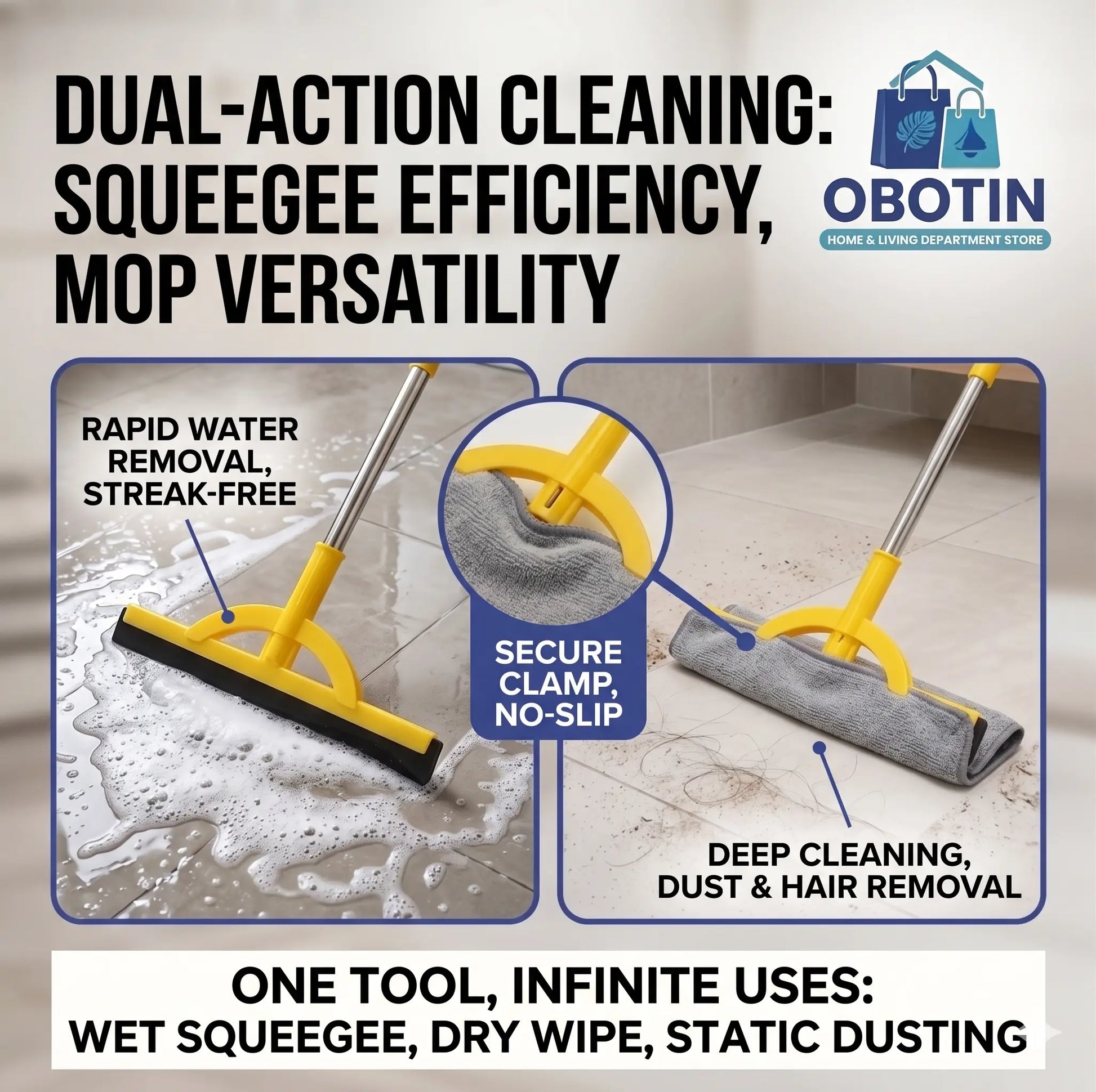 Heavy-Duty 2-in-1 Floor Squeegee - Lightweight and Durable Foam Blade with Adjustable Extendable Handle for Indoor and Outdoor Cleaning