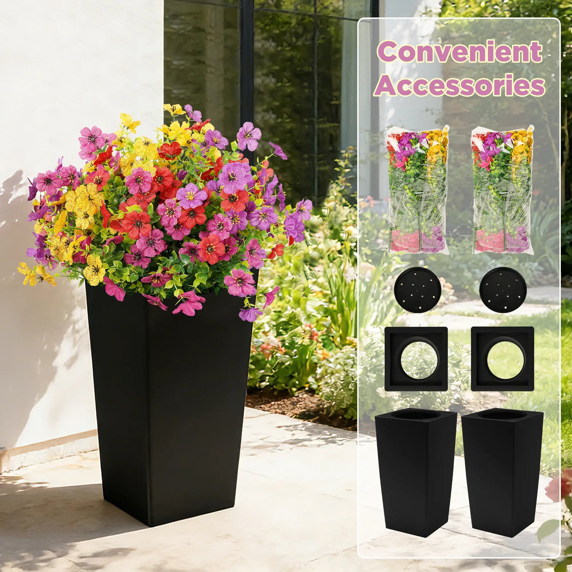 Set of 2 Artificial Flowers Outdoor with 2 Black Planters Total 60Cm, Fake Silk Flowers Durable Faux Plants for Front Porch, Patio, Garden Decoration Home