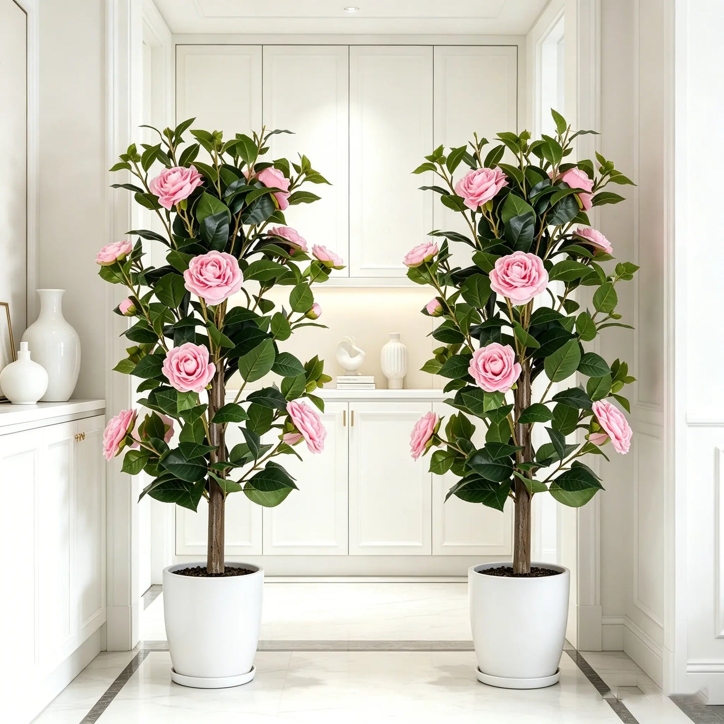 35" Realistic Artificial Camellia Tree, 2 Pcs No Fading Fake Flower Shrub, Weather Resistant Artificial Plants for Bedroom Patio Wedding Home Decoration, Best Housewarming Present