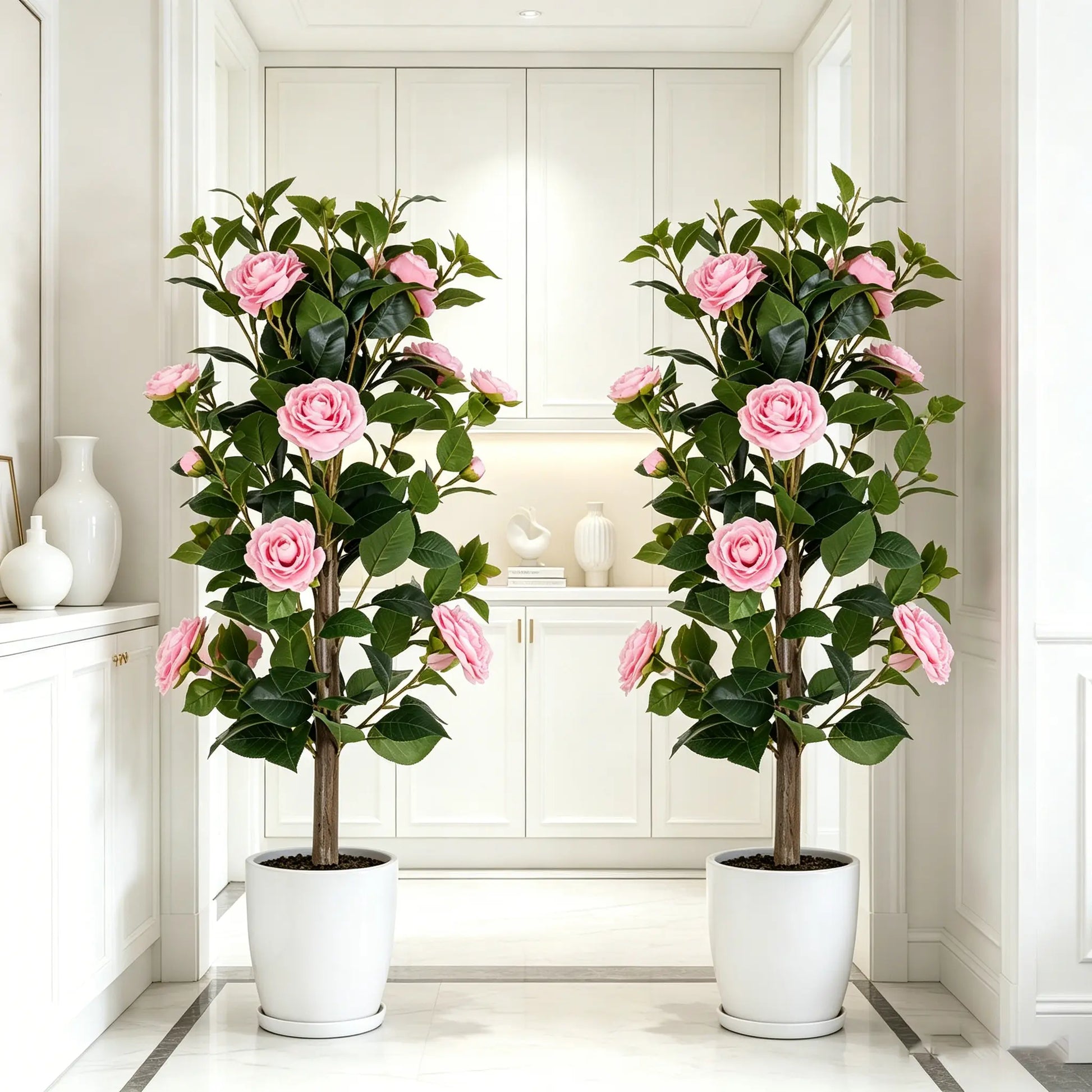 35" Realistic Artificial Camellia Tree, 2 Pcs No Fading Fake Flower Shrub, Weather Resistant Artificial Plants for Bedroom Patio Wedding Home Decoration, Best Housewarming Present