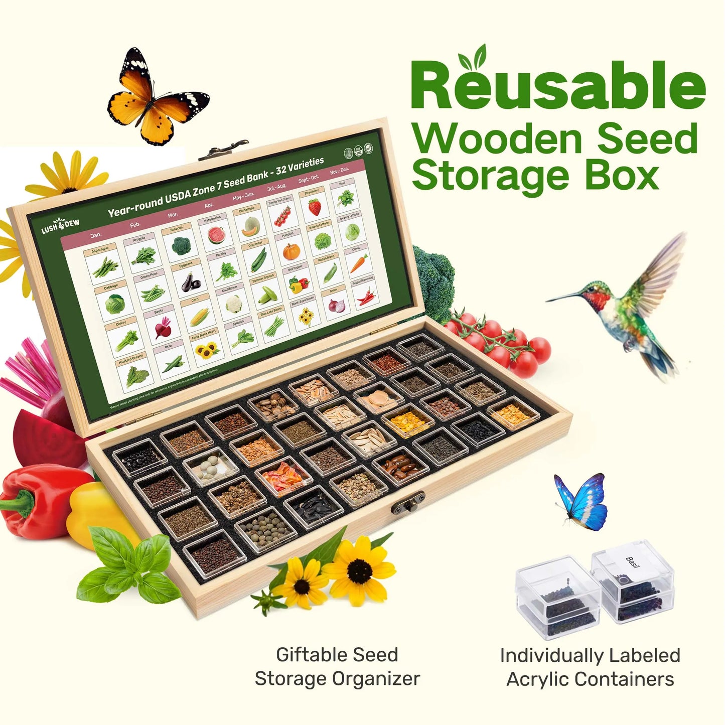 LUSH&DEW Year-Round USDA Zone 7 Seed Bank - 32 Organic Seed Varieties for All Seasons Gardening with Seasonal Synchrony