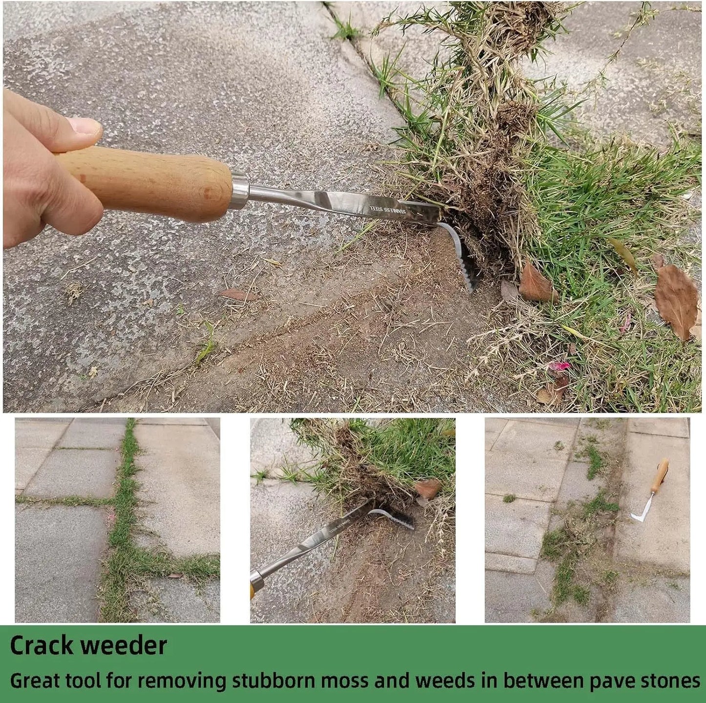 Crack Weeder Tool Stainless Steel Manual Grass Pullerwithbeech Wood Handle for Sidewalk Driveways Patiopavernarrow and Wall Gaps Garden