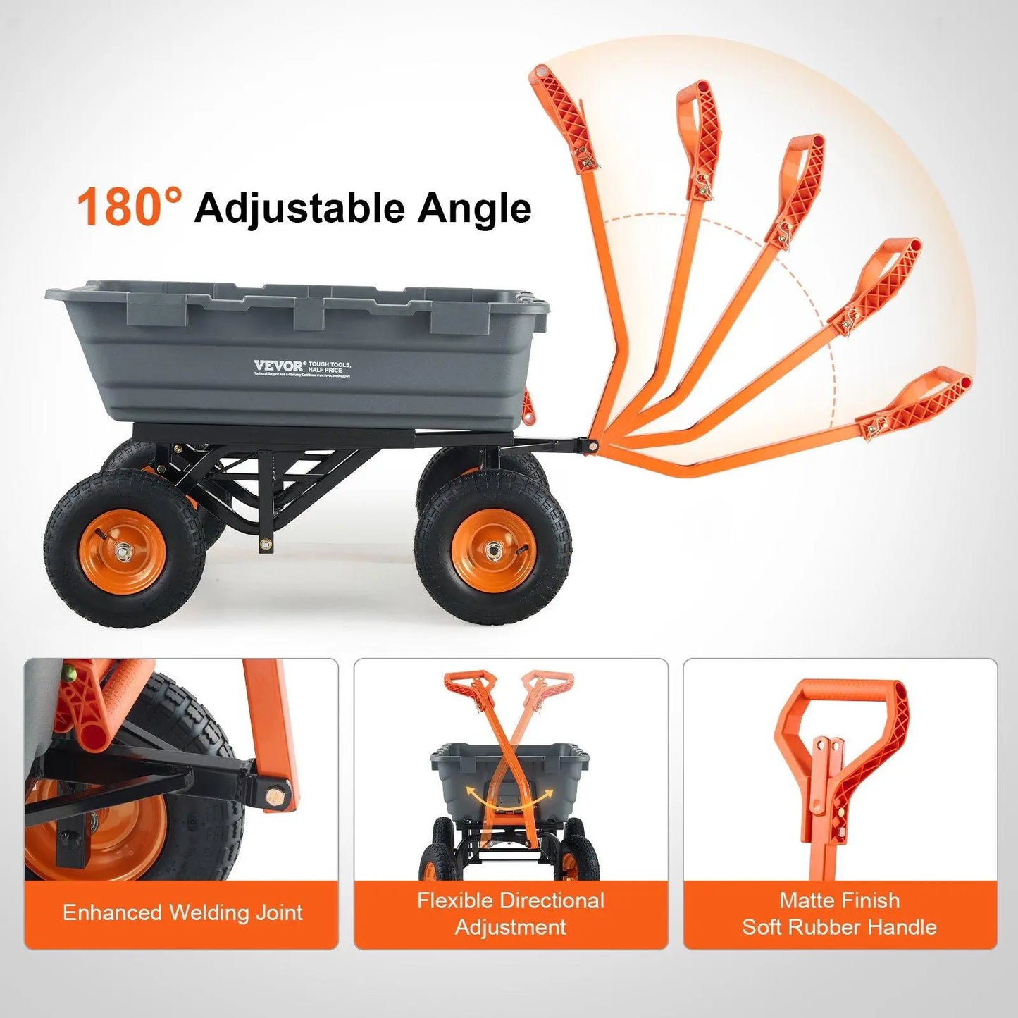 【Fathersdaygift】Vevor Poly Garden Dump Cart with Easy to Assemble Steel Frame, 2-In-1 Convertible Handle, 13 Inch Tires, Max Capacity 1500 Lbs, Utility Wheelbarrow Productivity Yard