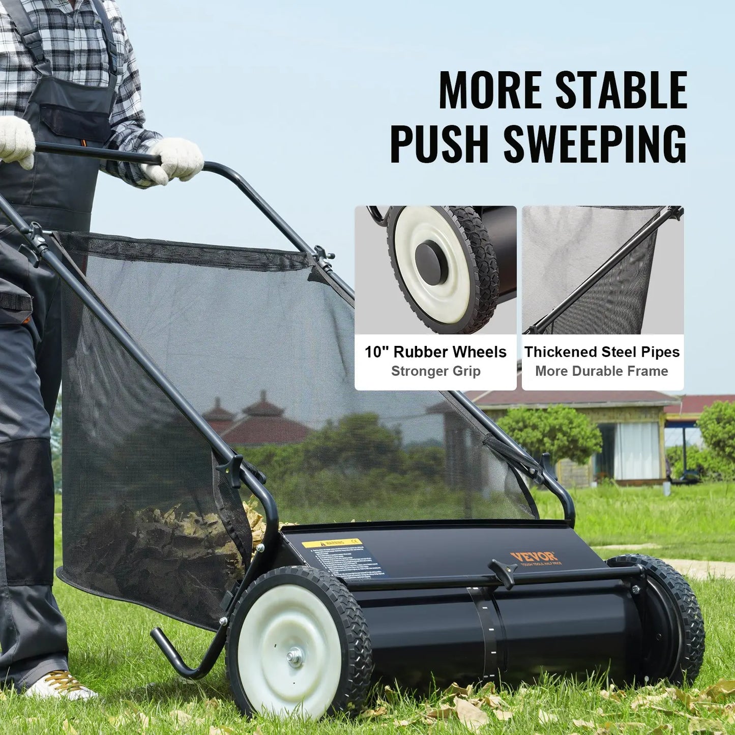 【Dealsforyoudays】Vevor Push Lawn Sweeper 26 Inch Leaf & Grass Collectorstrong Rubber Wheels & Heavy Duty Thickened Steel Durable to Use with Large Capacity 7 Ft³ Mesh Collection Bag4 Spinning Brushes