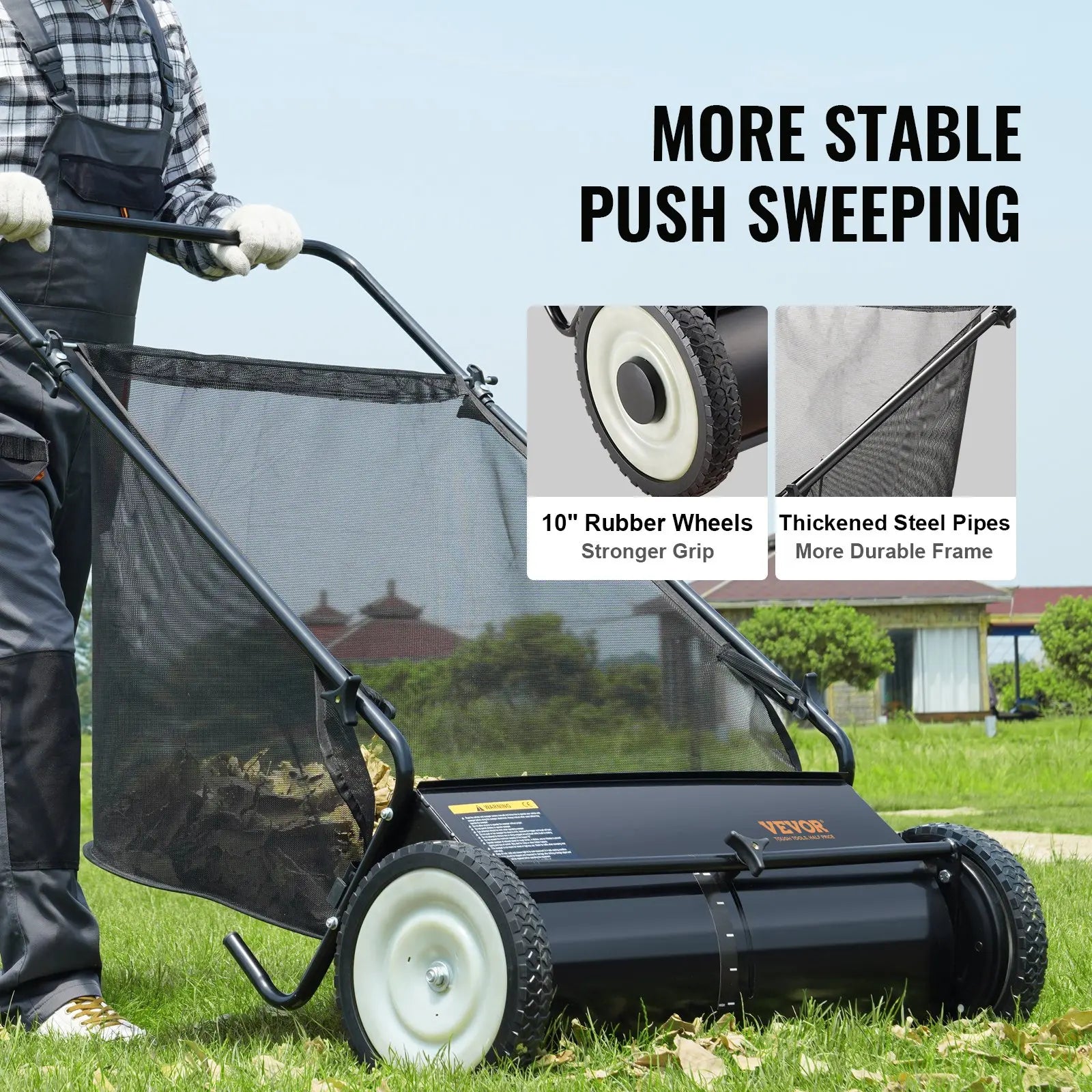 【Dealsforyoudays】Vevor Push Lawn Sweeper 26 Inch Leaf & Grass Collectorstrong Rubber Wheels & Heavy Duty Thickened Steel Durable to Use with Large Capacity 7 Ft³ Mesh Collection Bag4 Spinning Brushes