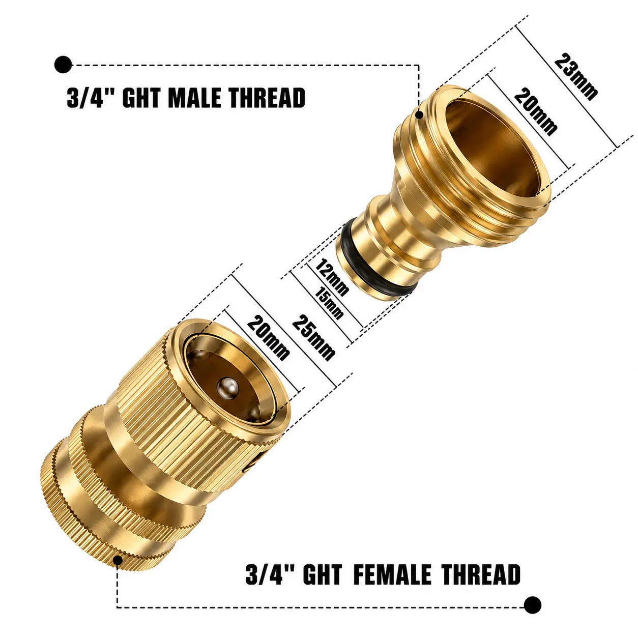 Garden Hose Quick Connector, 1 PCS Solid Brass 3/4 Inch GHT Thread Fitting(No Sprayer), No-Leak Water Hose Female & Male Adapter, Garden Hose Connectors
