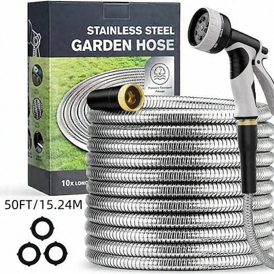 304 Garden Hose Metal 50FT/100FT Stainless Steel Heavy Duty Water Hose with 10 Function Nozzle, No-Kink, Tough & Flexible, Rust Proof for Yard, Outdoor, RV
